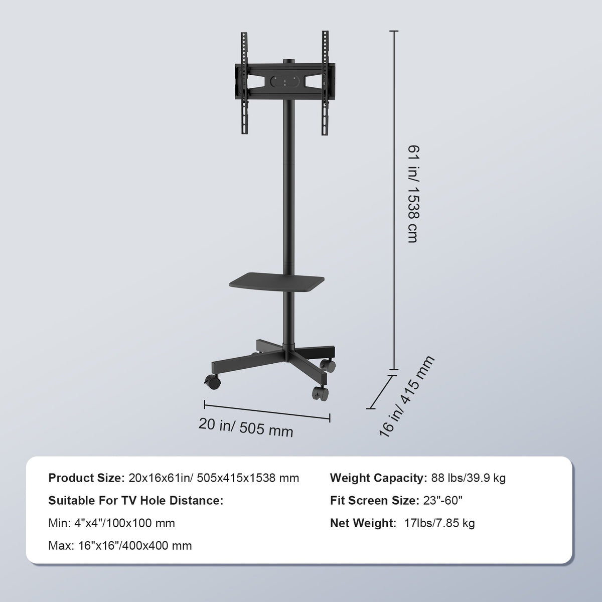 Mobile TV St& Cart for 23-60" TVs Height Adjustable Portable Rolling St& with
