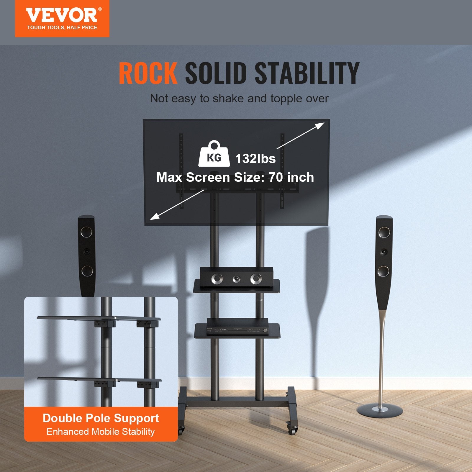 Mobile TV Stand 32-70in Height Adjustable Portable Rolling Cart Double Tray