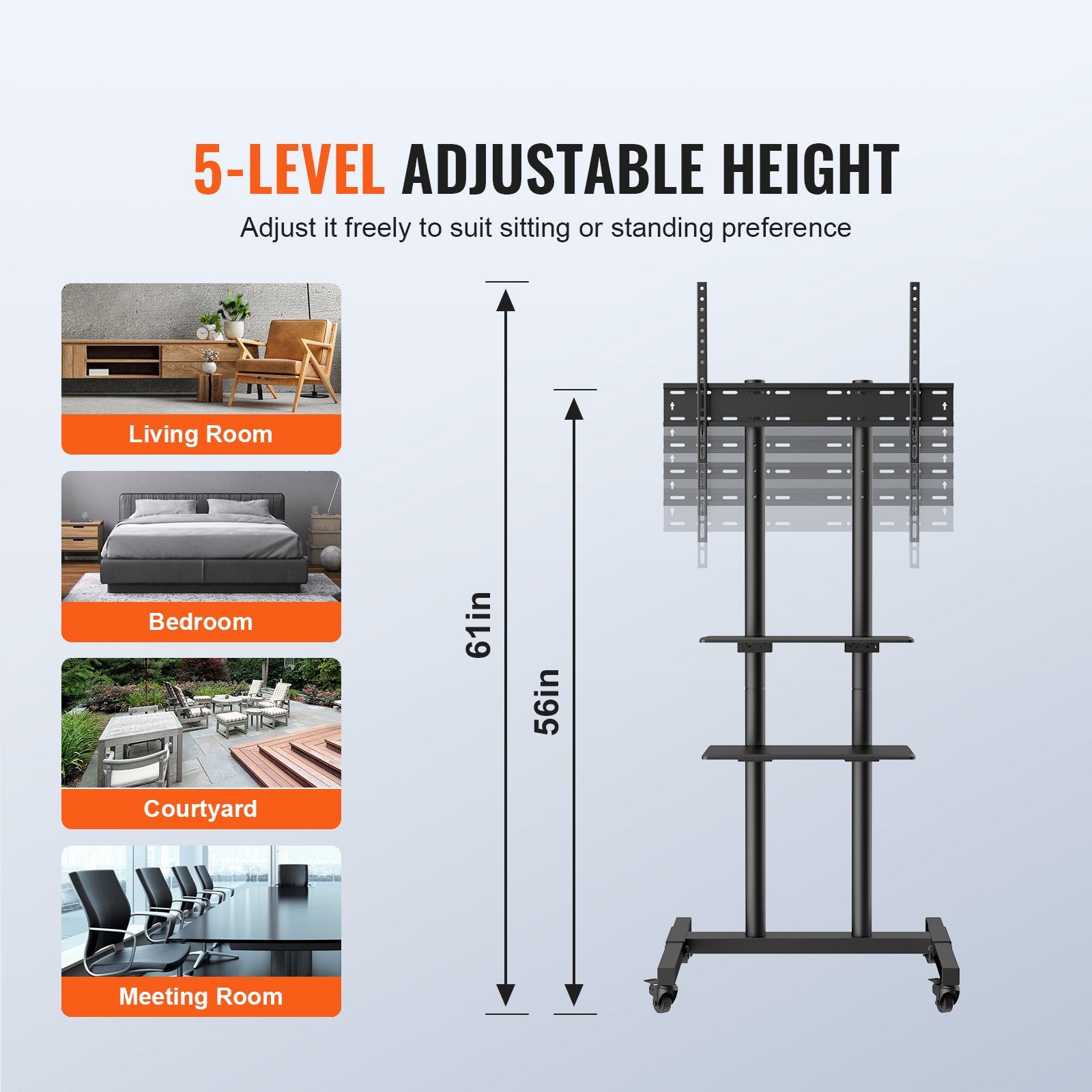 Mobile TV Stand 32-70in Height Adjustable Portable Rolling Cart Double Tray