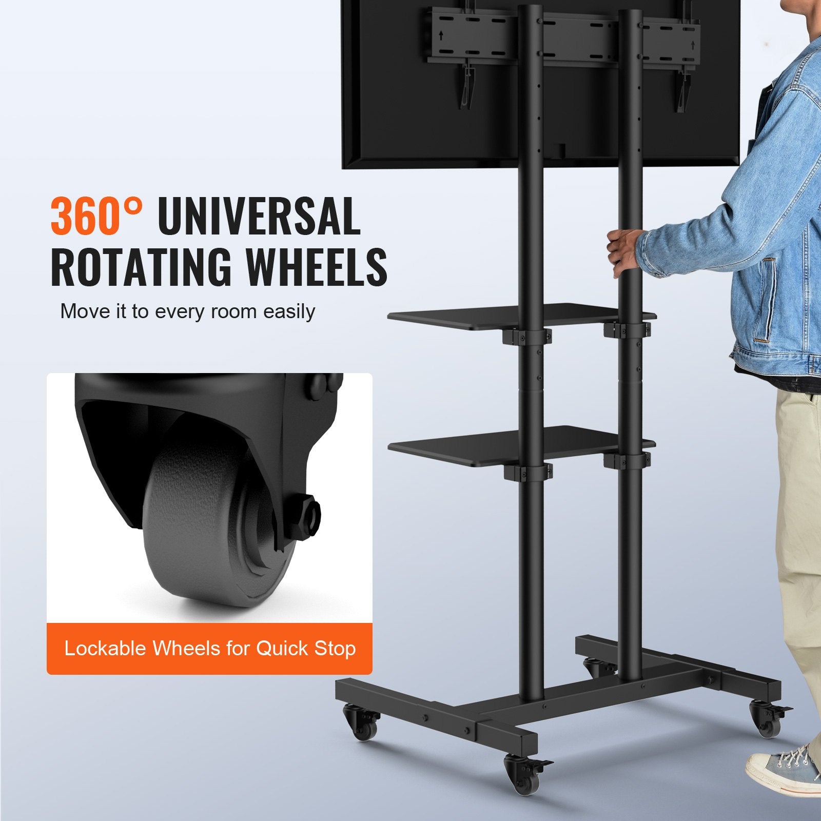 Mobile TV Stand 32-70in Height Adjustable Portable Rolling Cart Double Tray