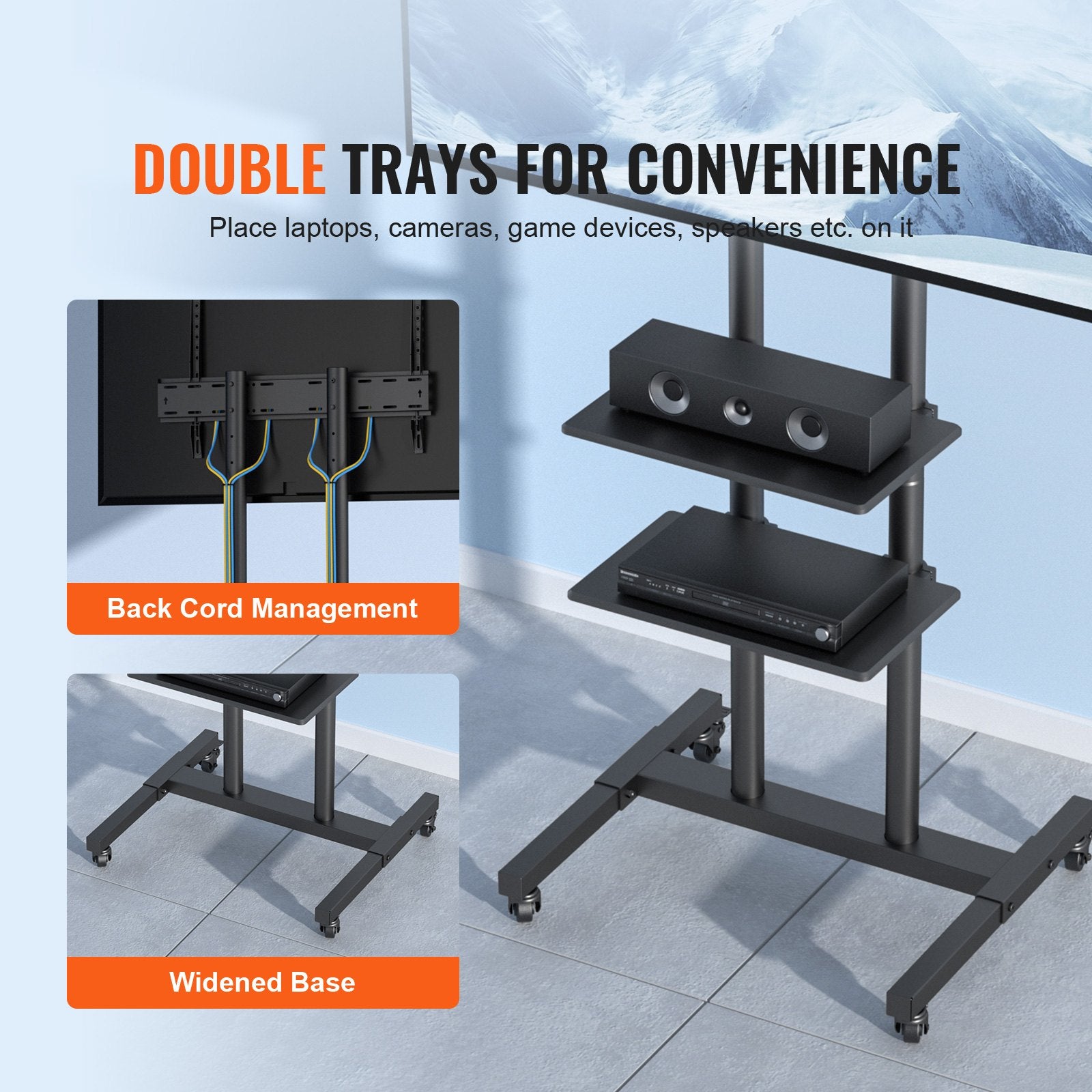 Mobile TV Stand 32-70in Height Adjustable Portable Rolling Cart Double Tray