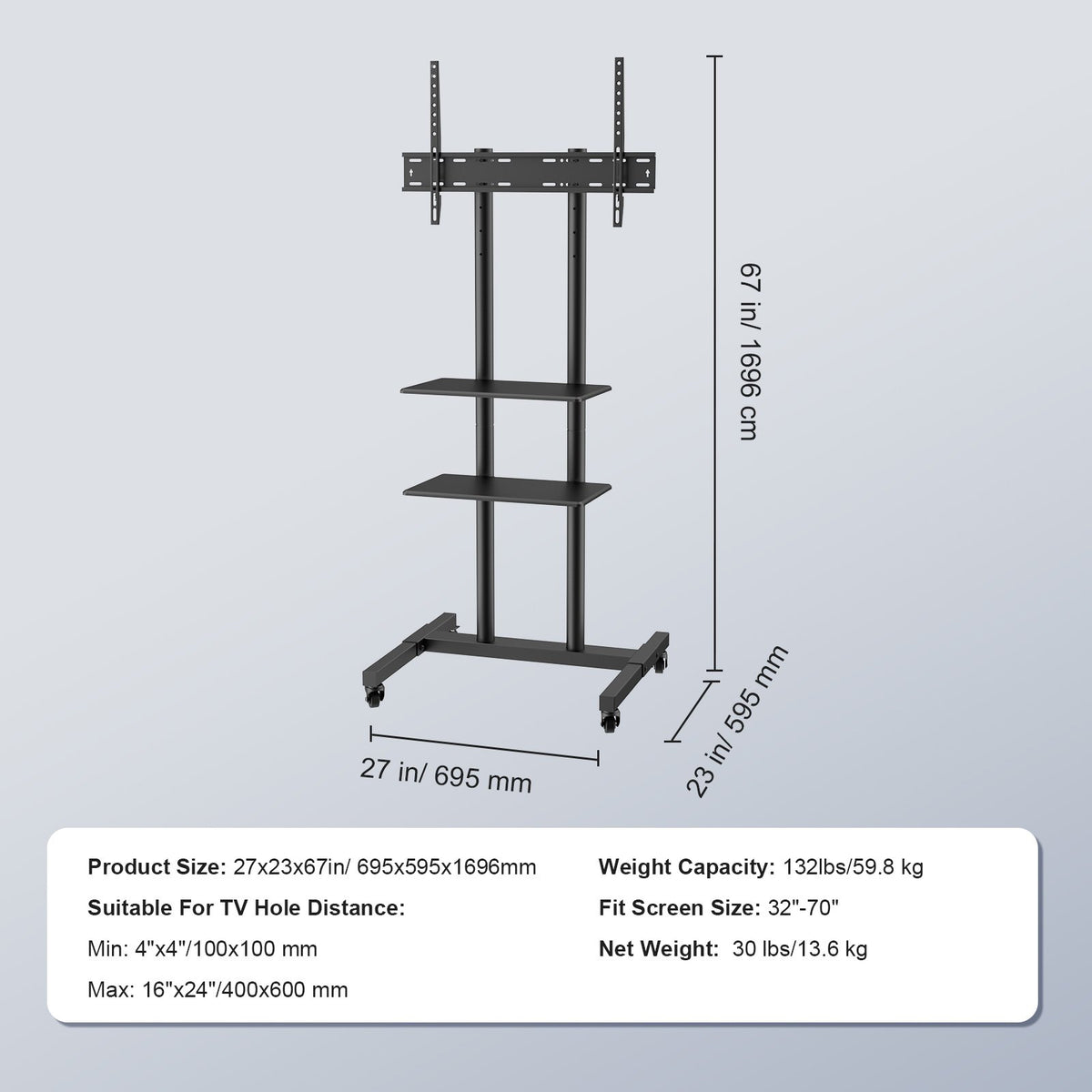 Mobile TV Stand 32-70in Height Adjustable Portable Rolling Cart Double Tray