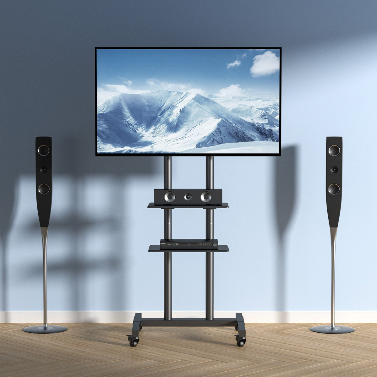 Mobile TV Stand 32-70in Height Adjustable Portable Rolling Cart Double Tray