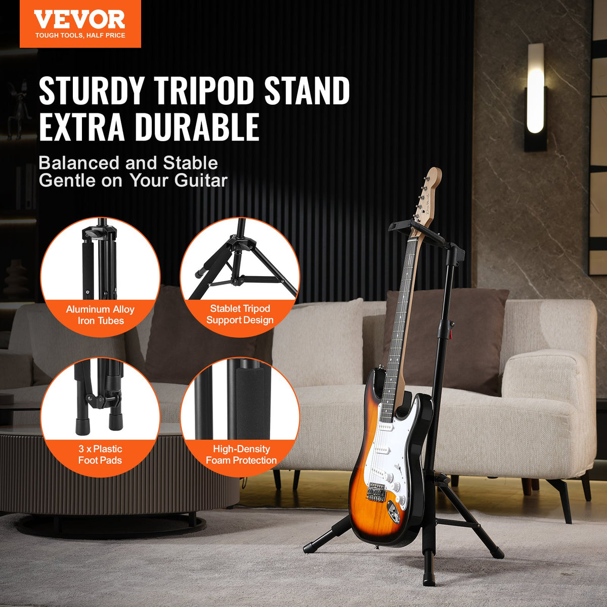 Tripod Guitar Stand Foldable 33lbs Load Adjustable Height for Acoustic Electric