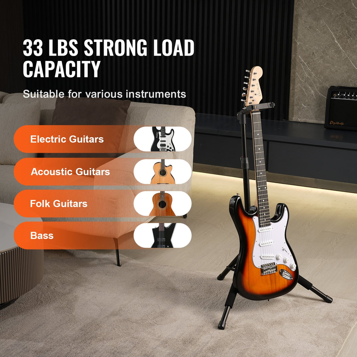 Tripod Guitar Stand Foldable 33lbs Load Adjustable Height for Acoustic Electric