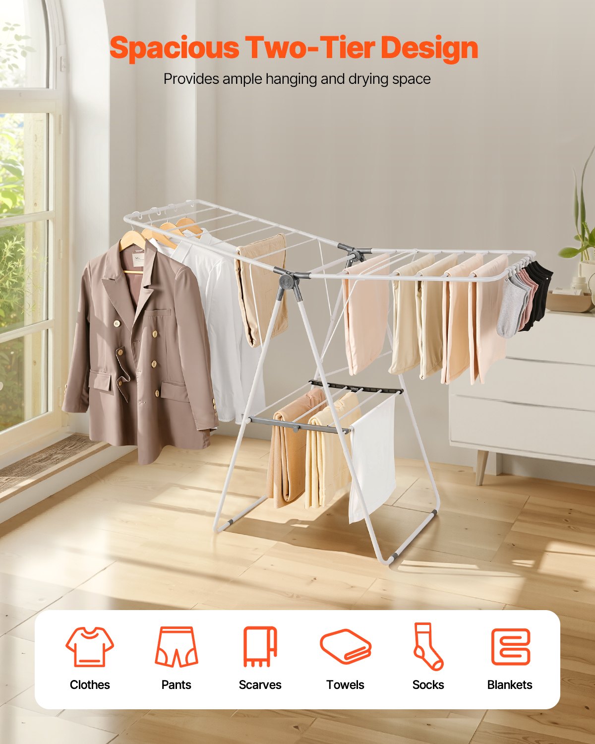 Clothes Drying Rack 2-Tier Foldable with Sock Clips & 21 Rods, Adjustable Metal