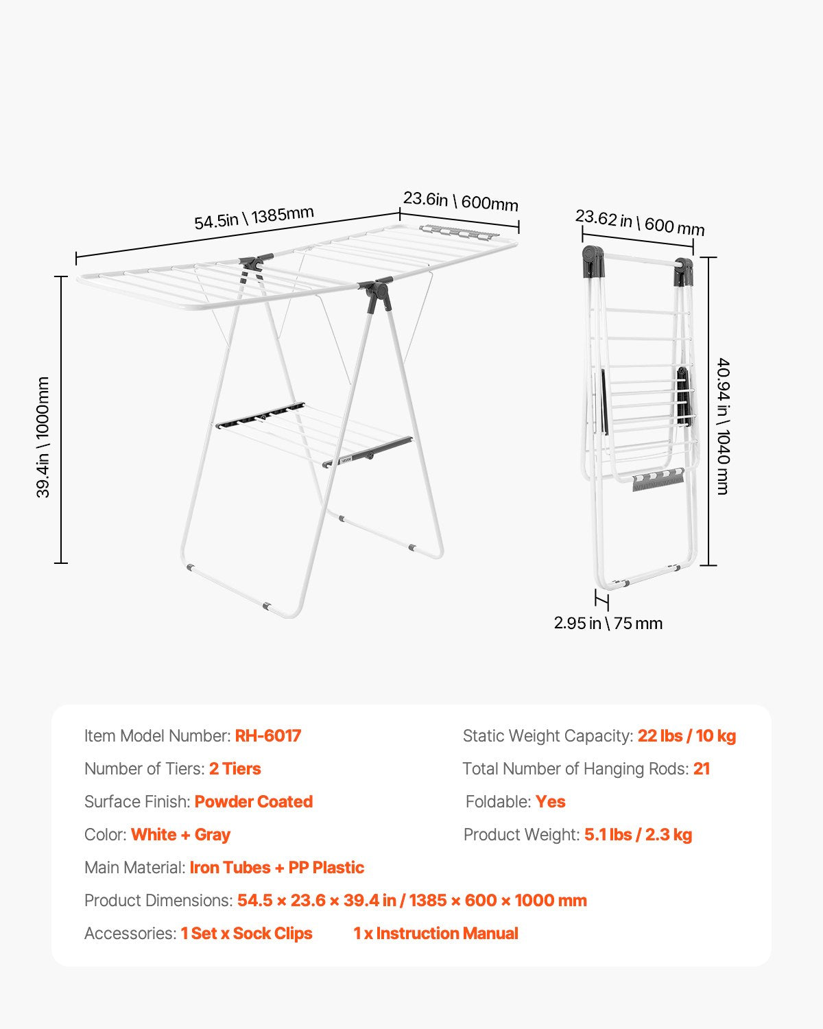 Clothes Drying Rack 2-Tier Foldable with Sock Clips & 21 Rods, Adjustable Metal
