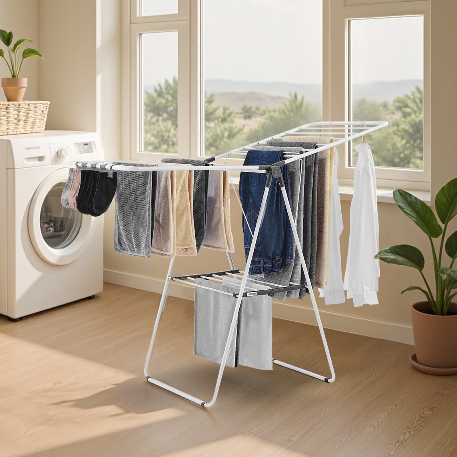 Clothes Drying Rack 2-Tier Foldable with Sock Clips & 21 Rods, Adjustable Metal
