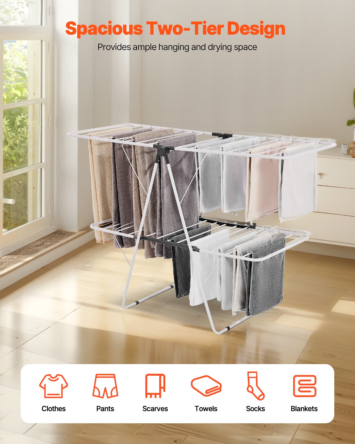 2-Tier Foldable Clothes Drying Rack with 31 Rods and Sock Clips