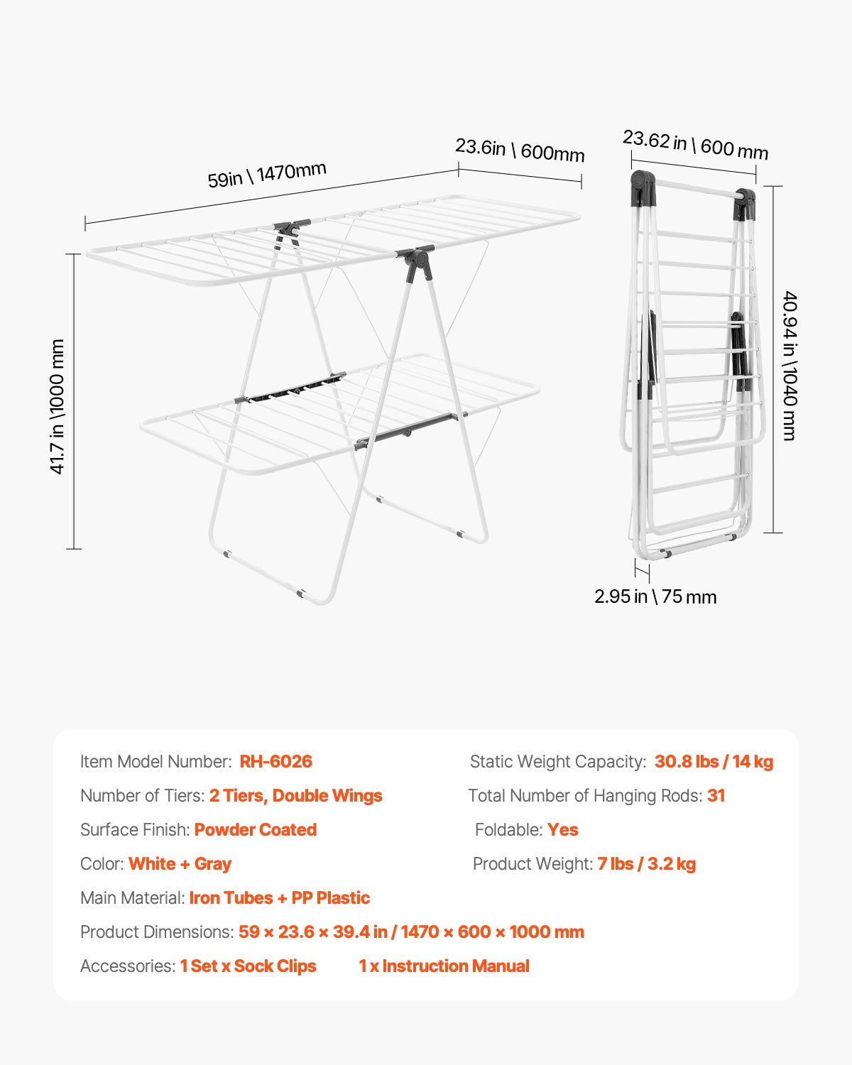 2-Tier Foldable Clothes Drying Rack with 31 Rods and Sock Clips