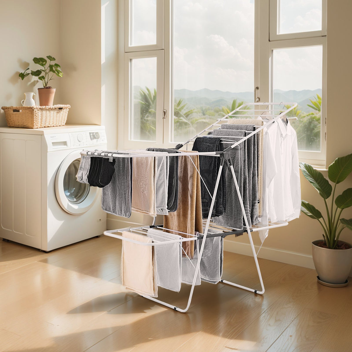2-Tier Foldable Clothes Drying Rack with 31 Rods and Sock Clips