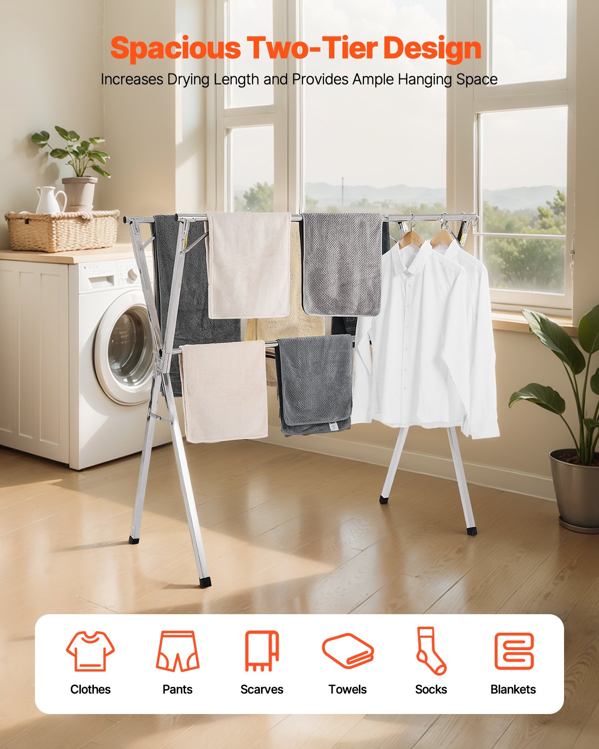 2-Tier Telescopic Clothes Drying Rack with 30 Windproof Holes and Shoe Hooks