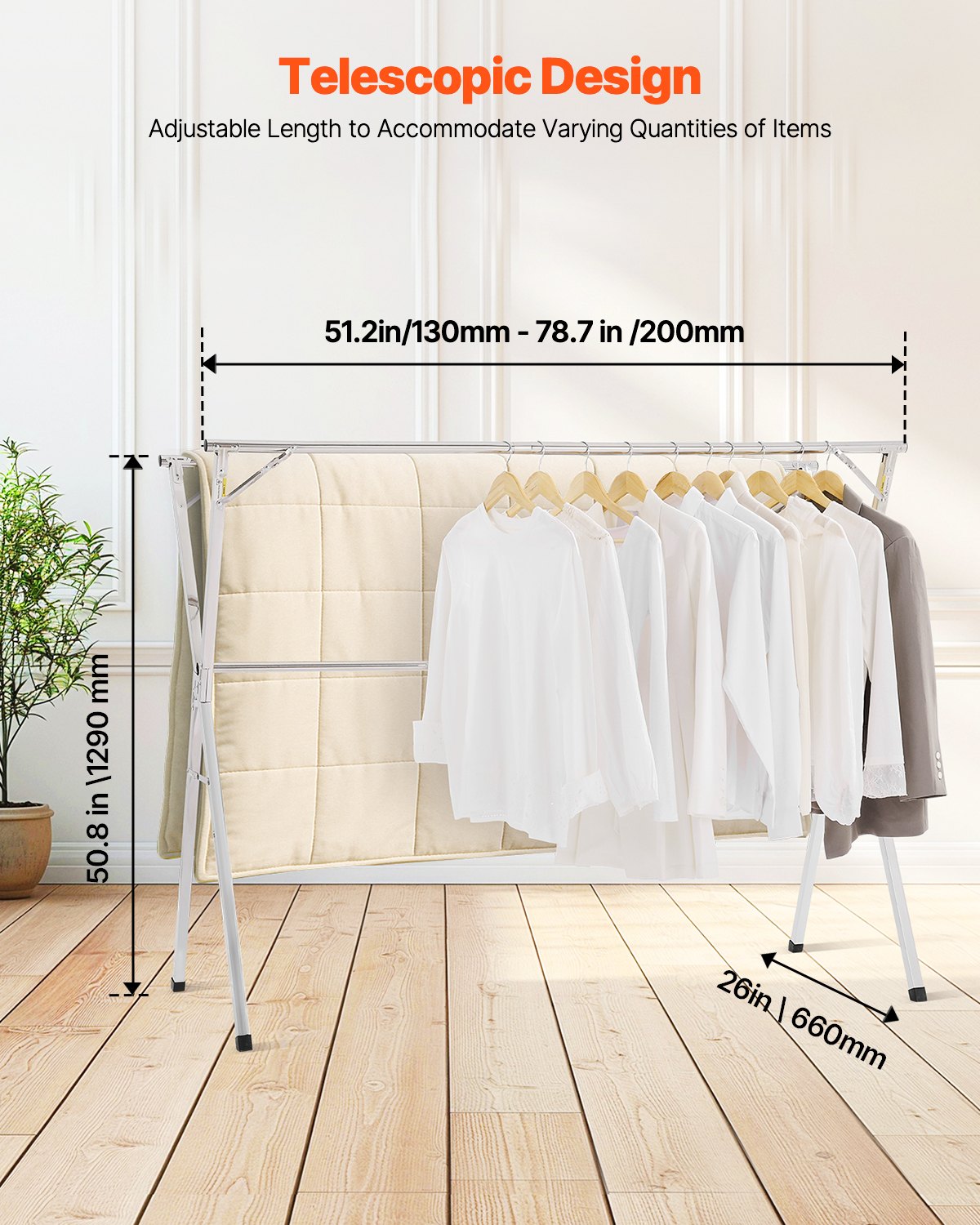 2-Tier Telescopic Clothes Drying Rack with 30 Windproof Holes and Shoe Hooks