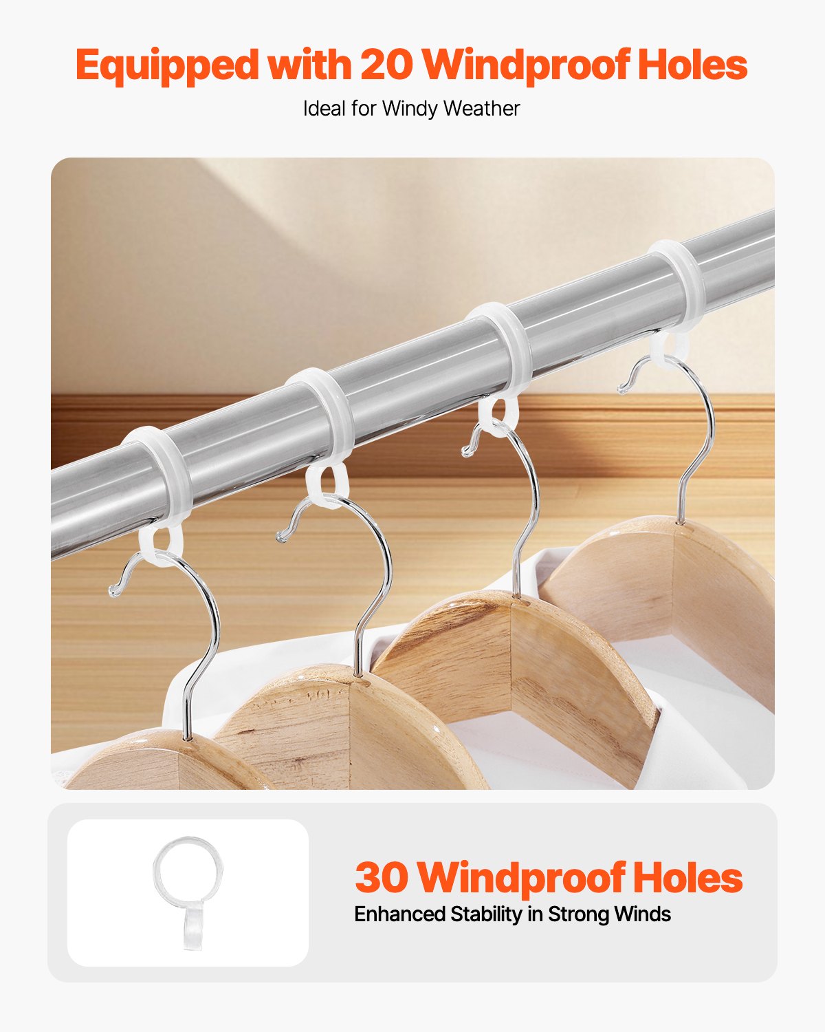 2-Tier Telescopic Clothes Drying Rack with 30 Windproof Holes and Shoe Hooks