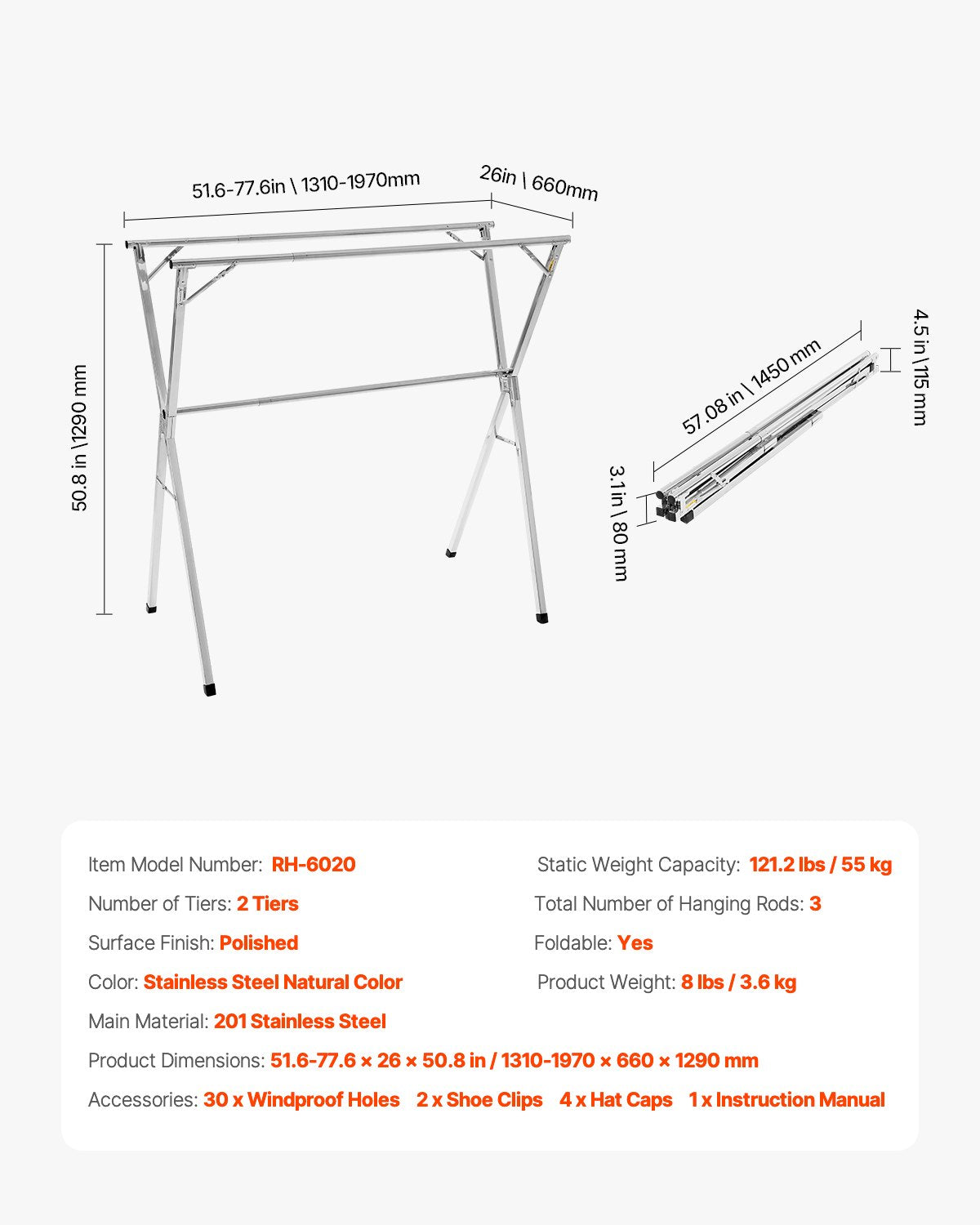 2-Tier Telescopic Clothes Drying Rack with 30 Windproof Holes and Shoe Hooks
