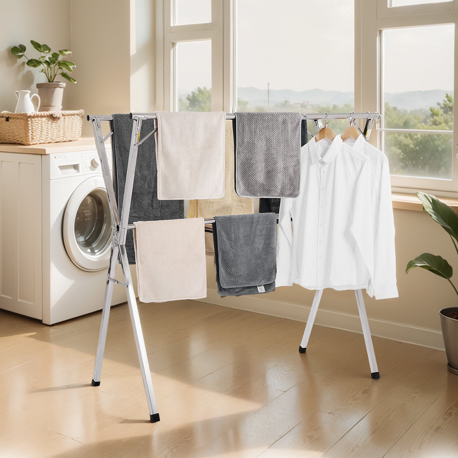 2-Tier Telescopic Clothes Drying Rack with 30 Windproof Holes and Shoe Hooks