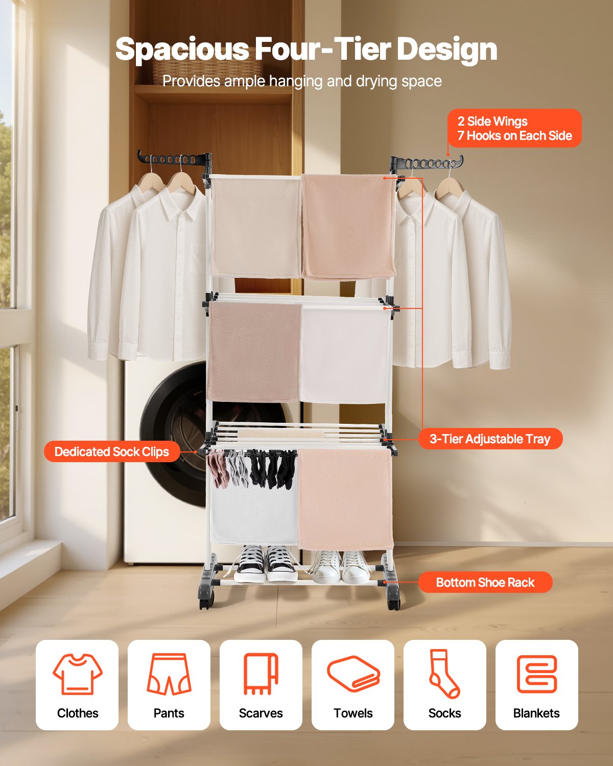 4-Tier Foldable Clothes Drying Rack with 24 Rods and Castors