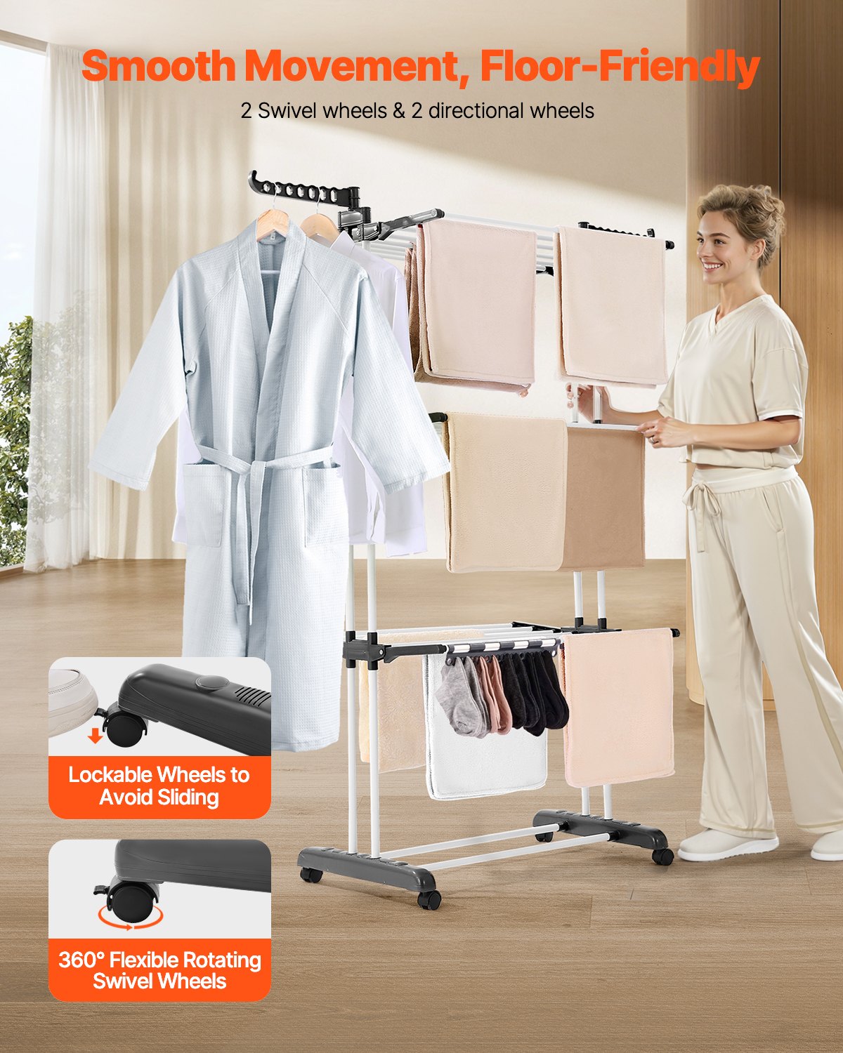 4-Tier Foldable Clothes Drying Rack with 24 Rods and Castors