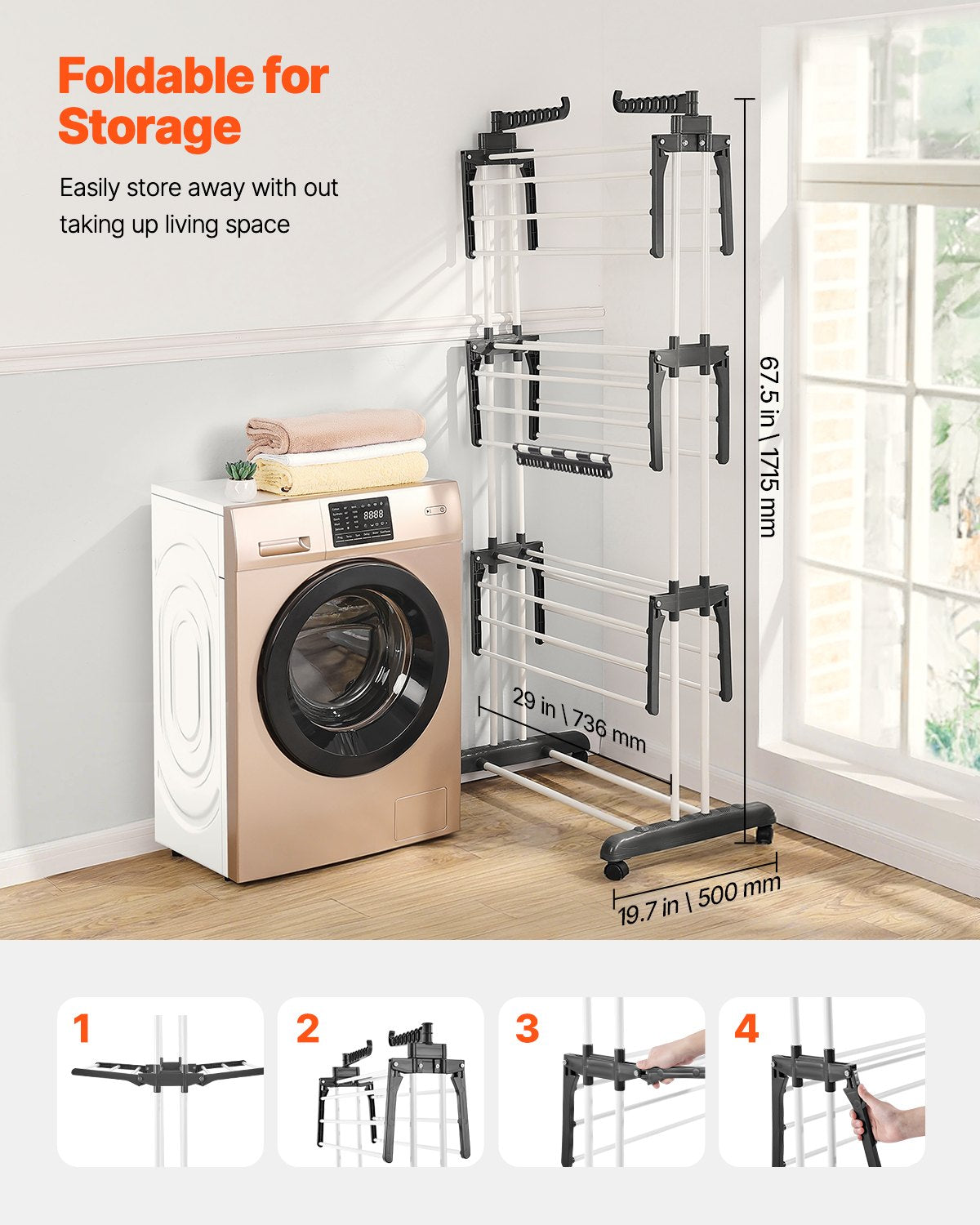 4-Tier Foldable Clothes Drying Rack with 24 Rods and Castors