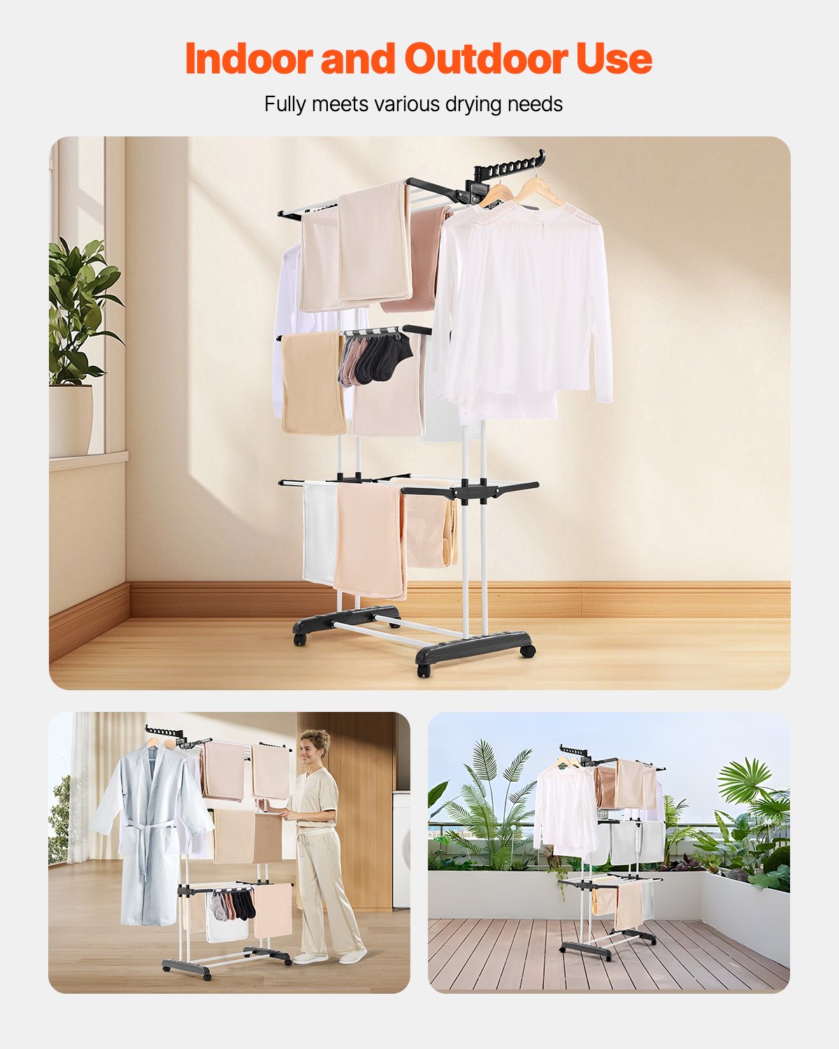 4-Tier Foldable Clothes Drying Rack with 24 Rods and Castors