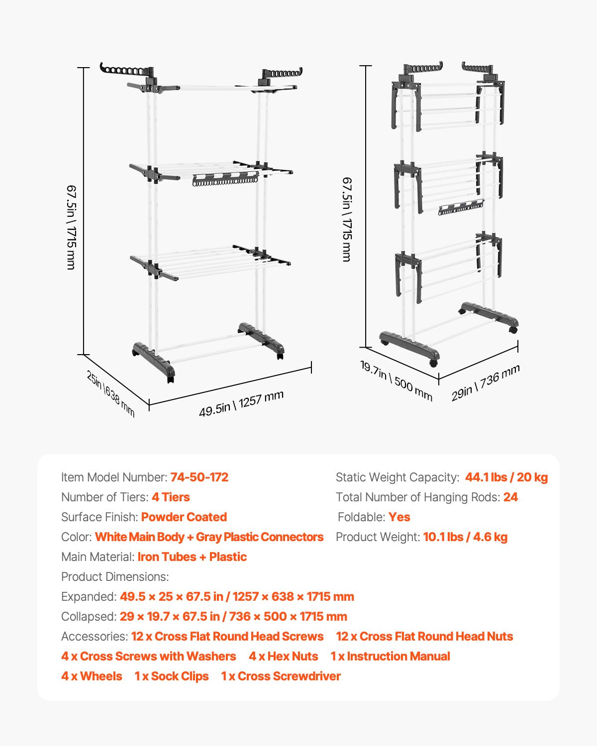 4-Tier Foldable Clothes Drying Rack with 24 Rods and Castors