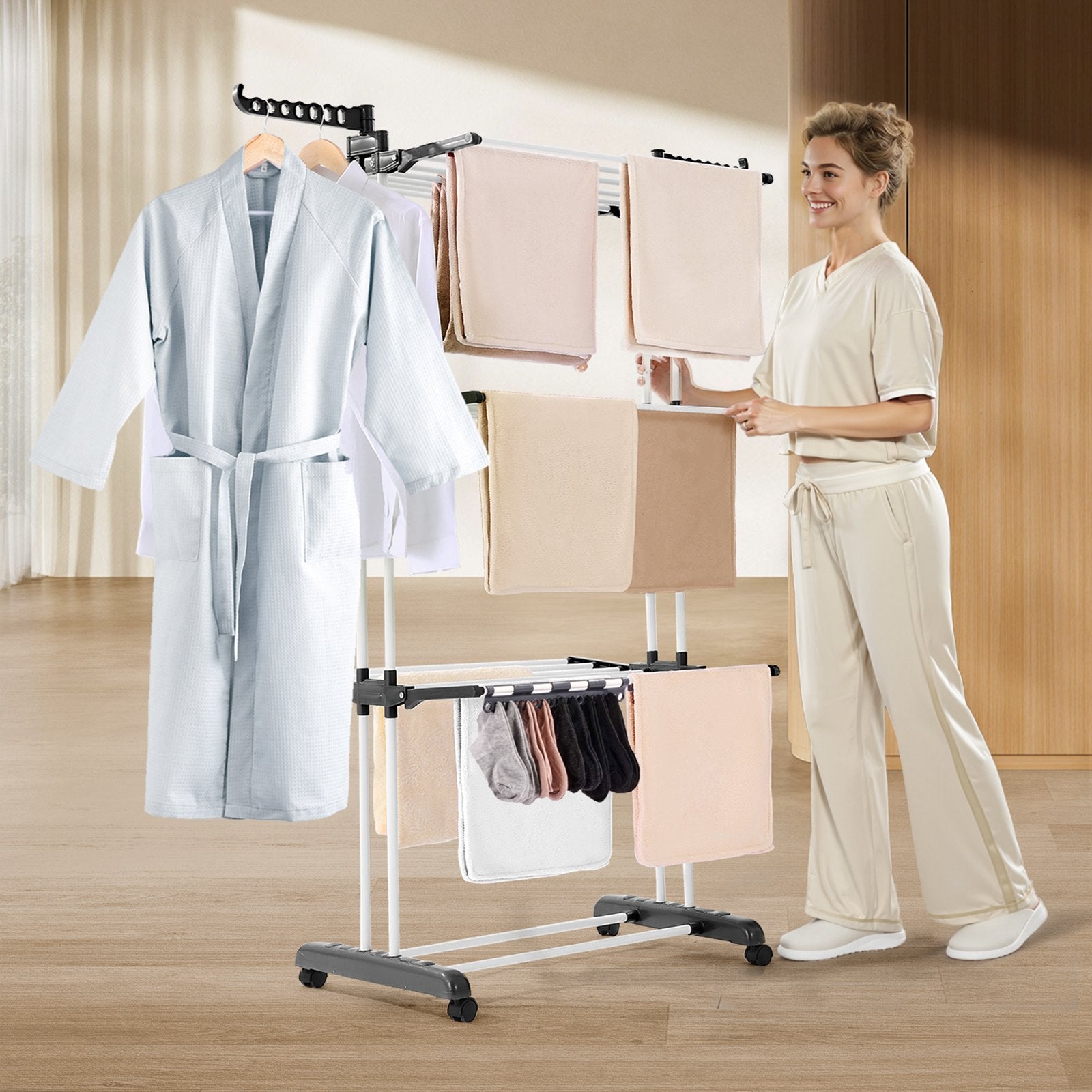 4-Tier Foldable Clothes Drying Rack with 24 Rods and Castors