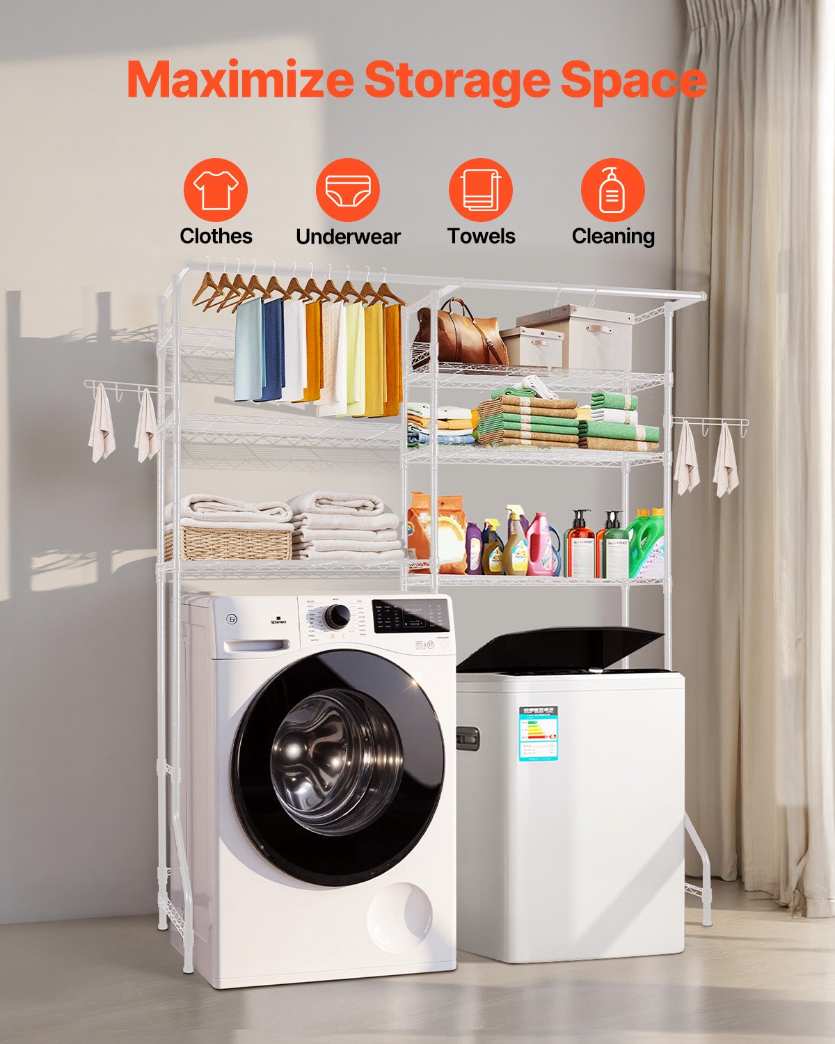 Over Washer Dryer Storage Shelves 6-Tier Adjustable Laundry Rack with Hooks White