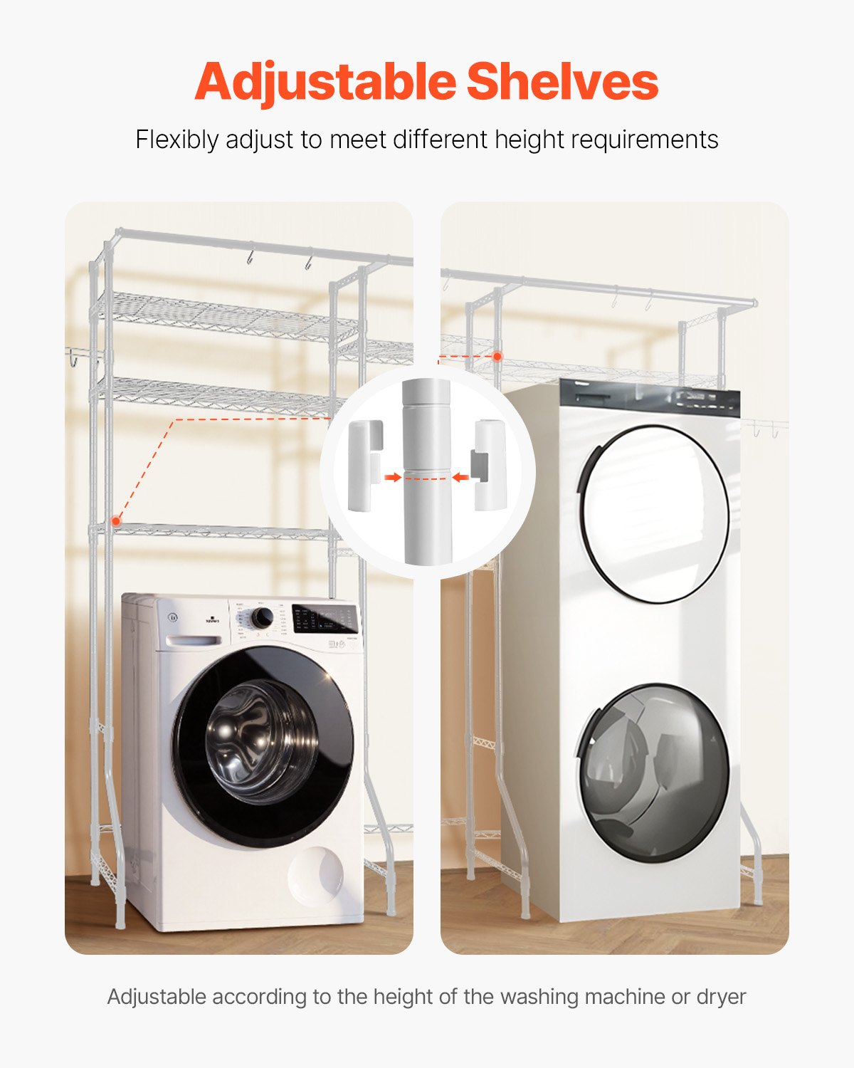 Over Washer Dryer Storage Shelves 6-Tier Adjustable Laundry Rack with Hooks White