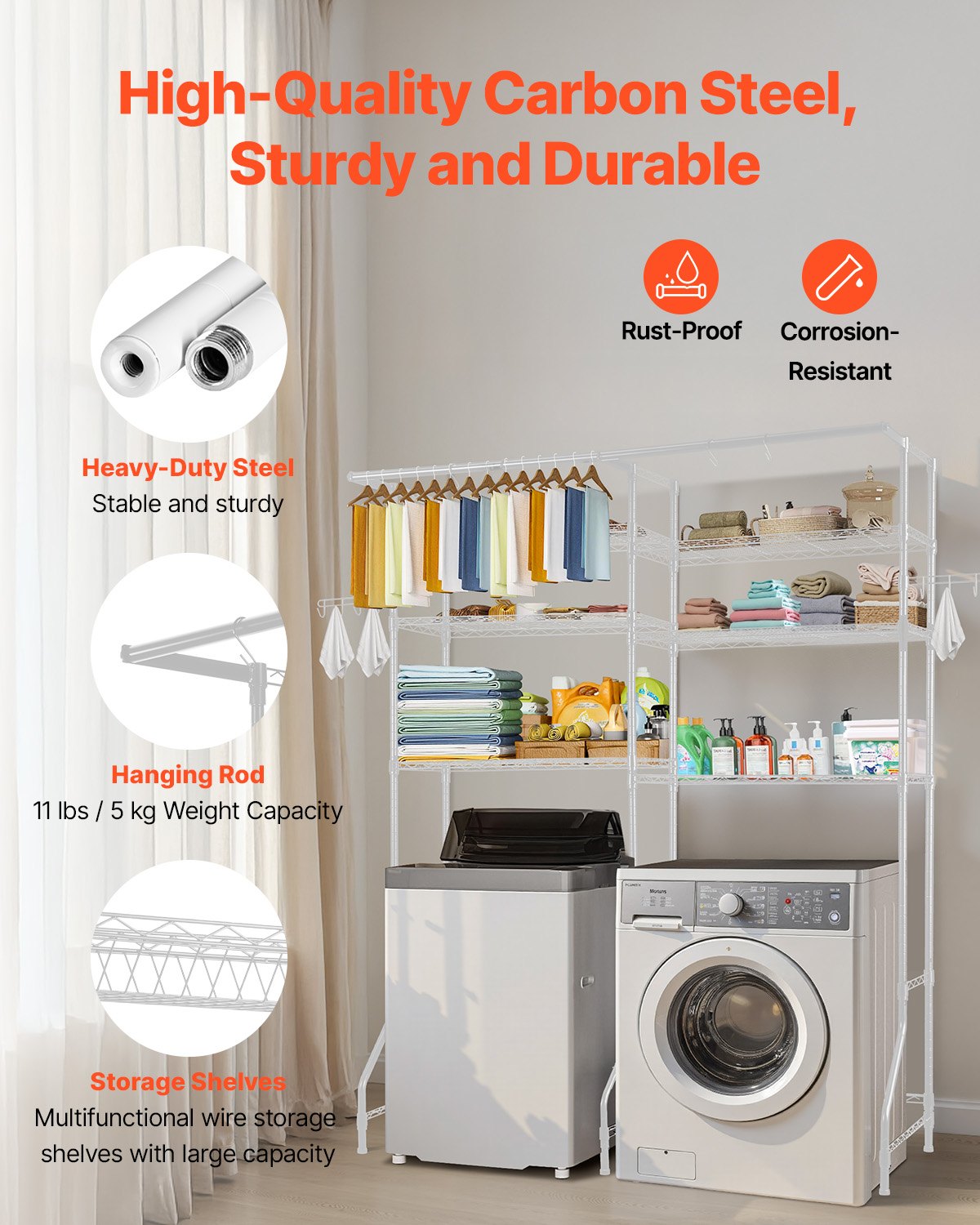 Over Washer Dryer Storage Shelves 6-Tier Adjustable Laundry Rack with Hooks White