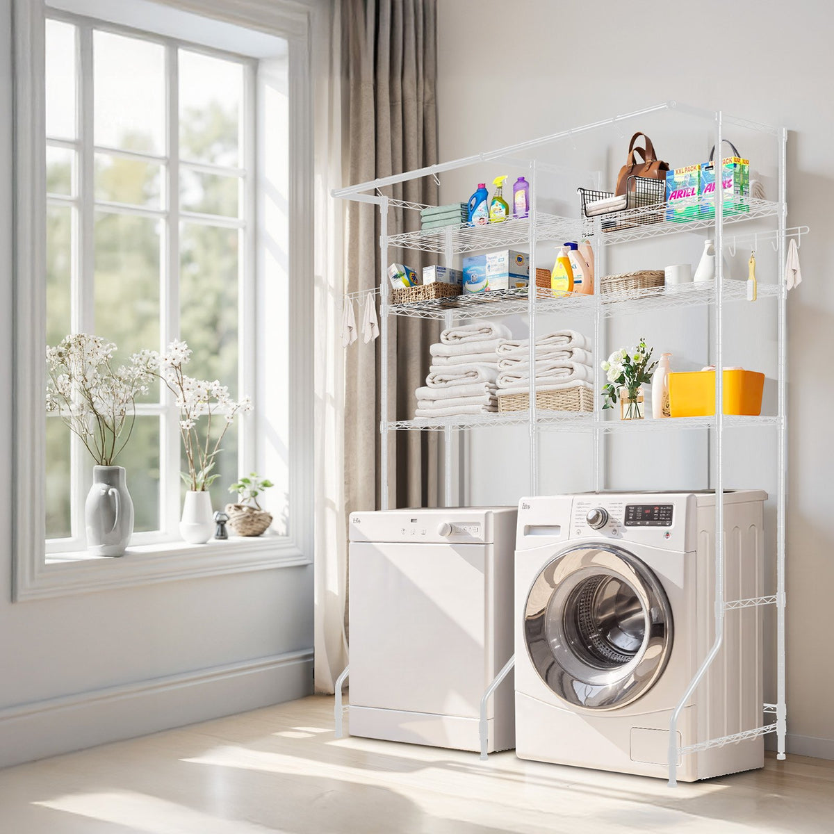 Over Washer Dryer Storage Shelves 6-Tier Adjustable Laundry Rack with Hooks White