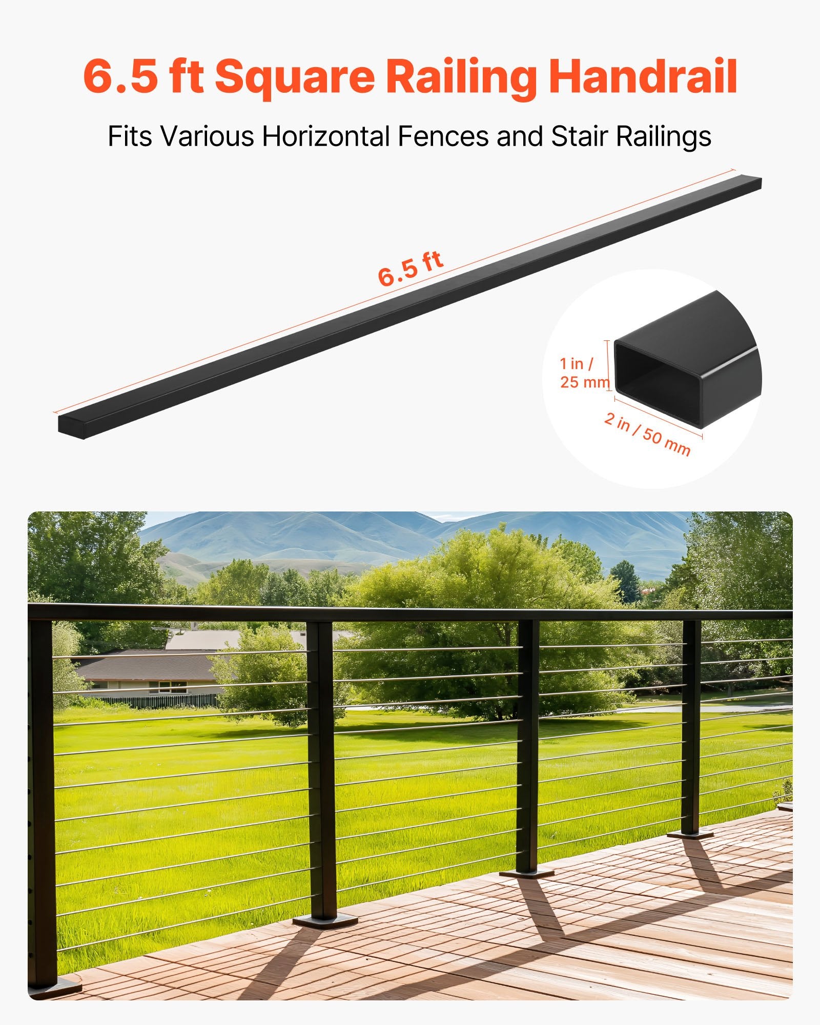Stainless Steel Handrail 198cm Rectangular Matte Black Adjustable Stair Rail