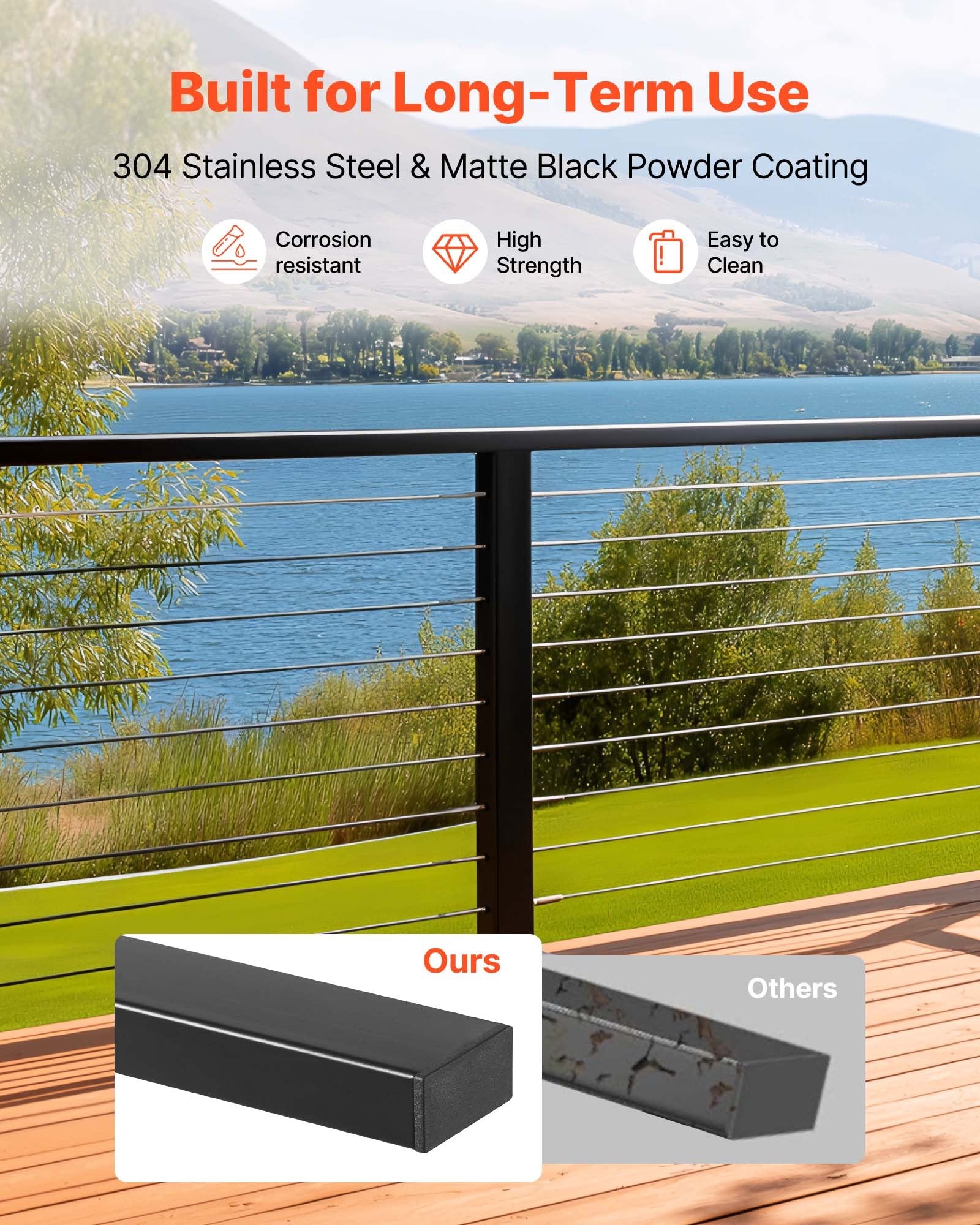 Stainless Steel Handrail 198cm Rectangular Matte Black Adjustable Stair Rail