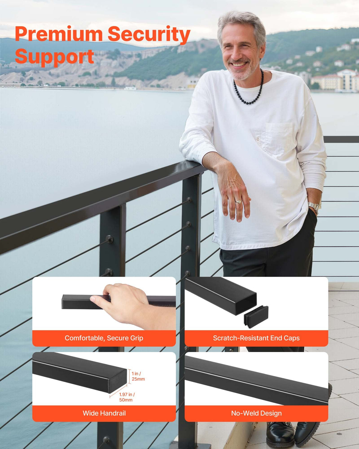 Stainless Steel Handrail 198cm Rectangular Matte Black Adjustable Stair Rail