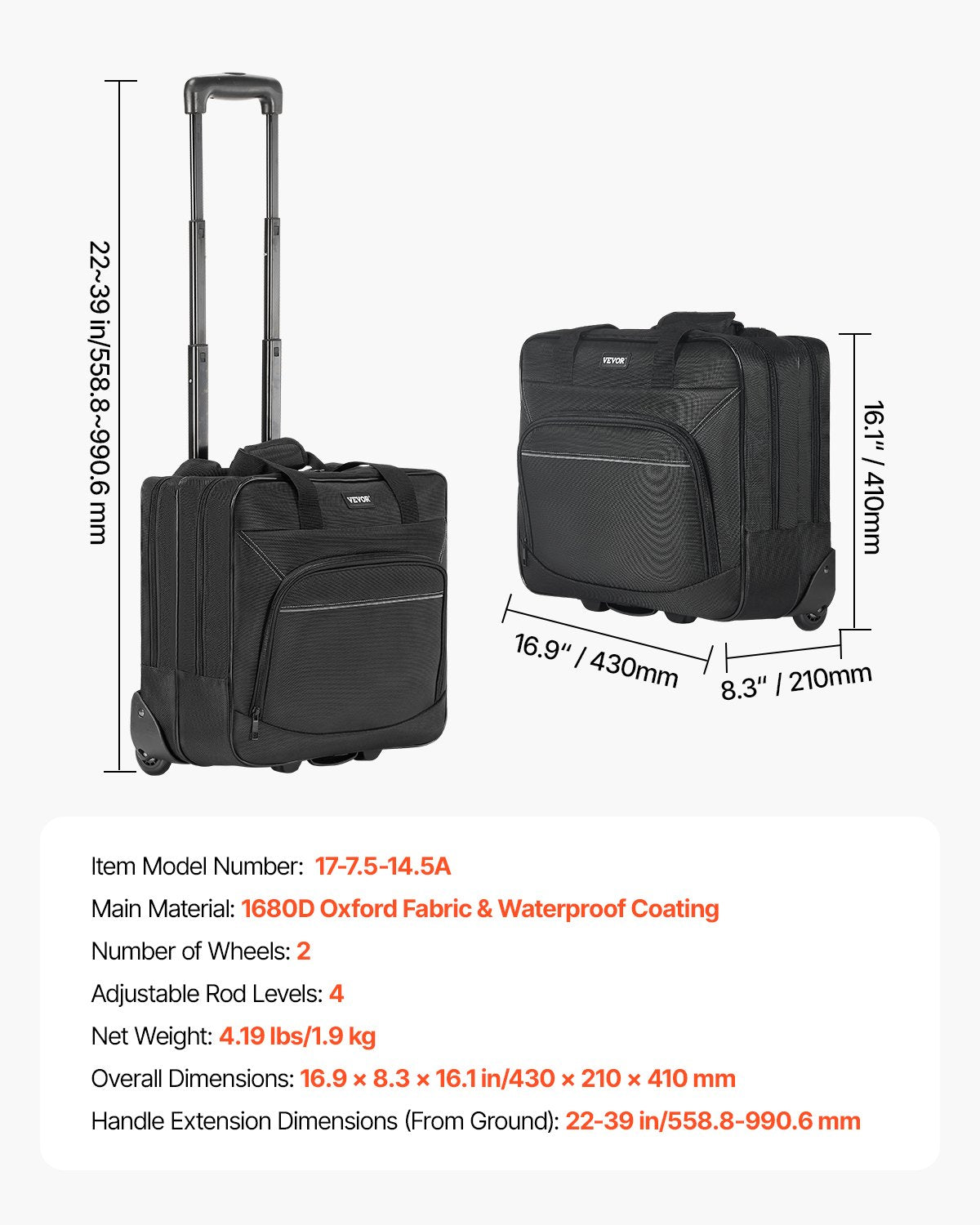 Laptop Bag Rolling Fits 15.6 Inch Wheeled Briefcase Telescoping Handle Black