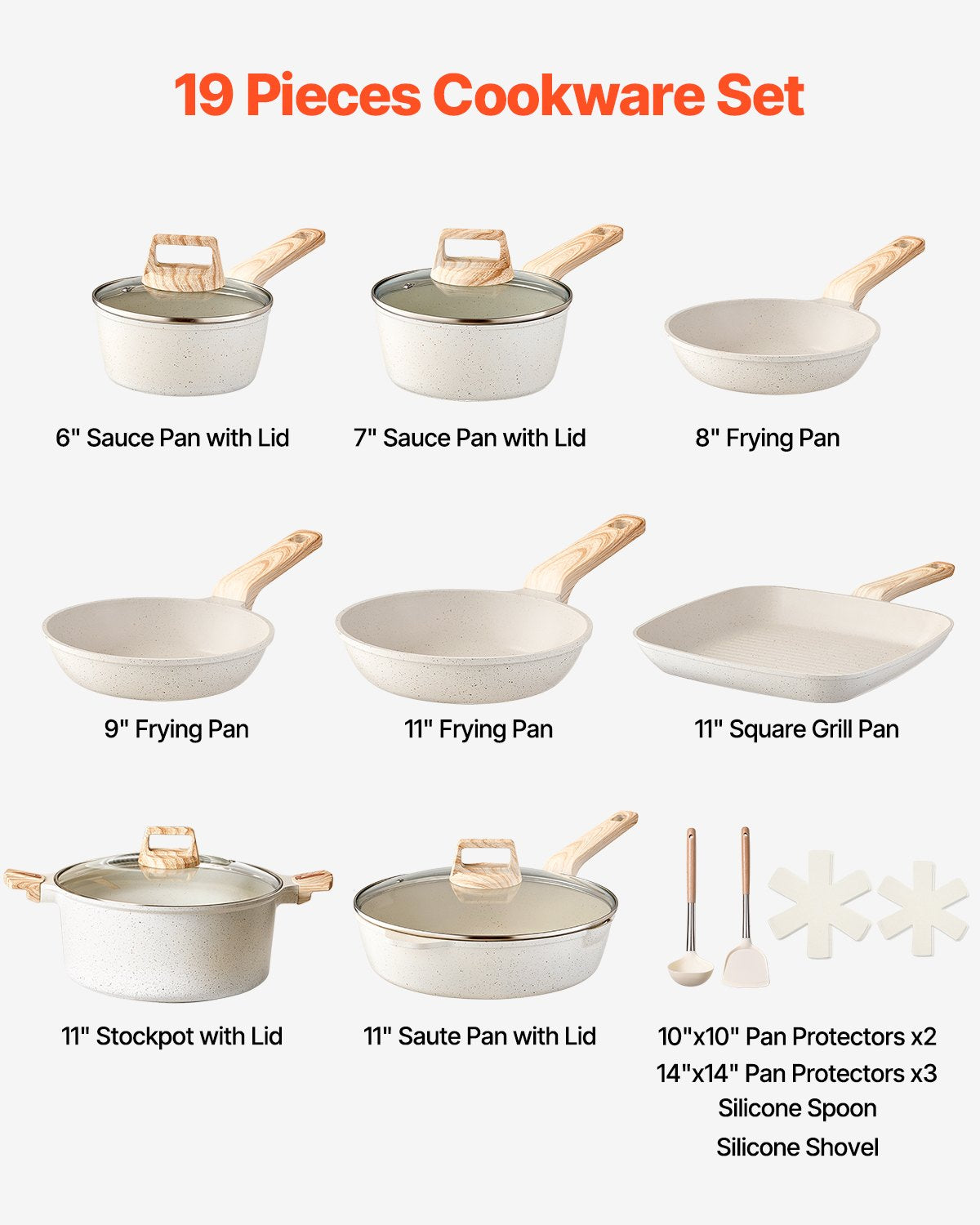 19 Piece Pots and Pans Set Nonstick Granite Cookware Induction Tempered Glass
