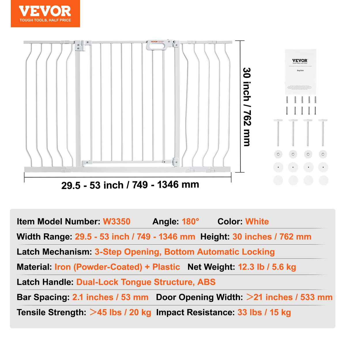 Baby Gate 749-1346mm Extra Wide 762mm High Step-Through Auto Close Wall Pressure