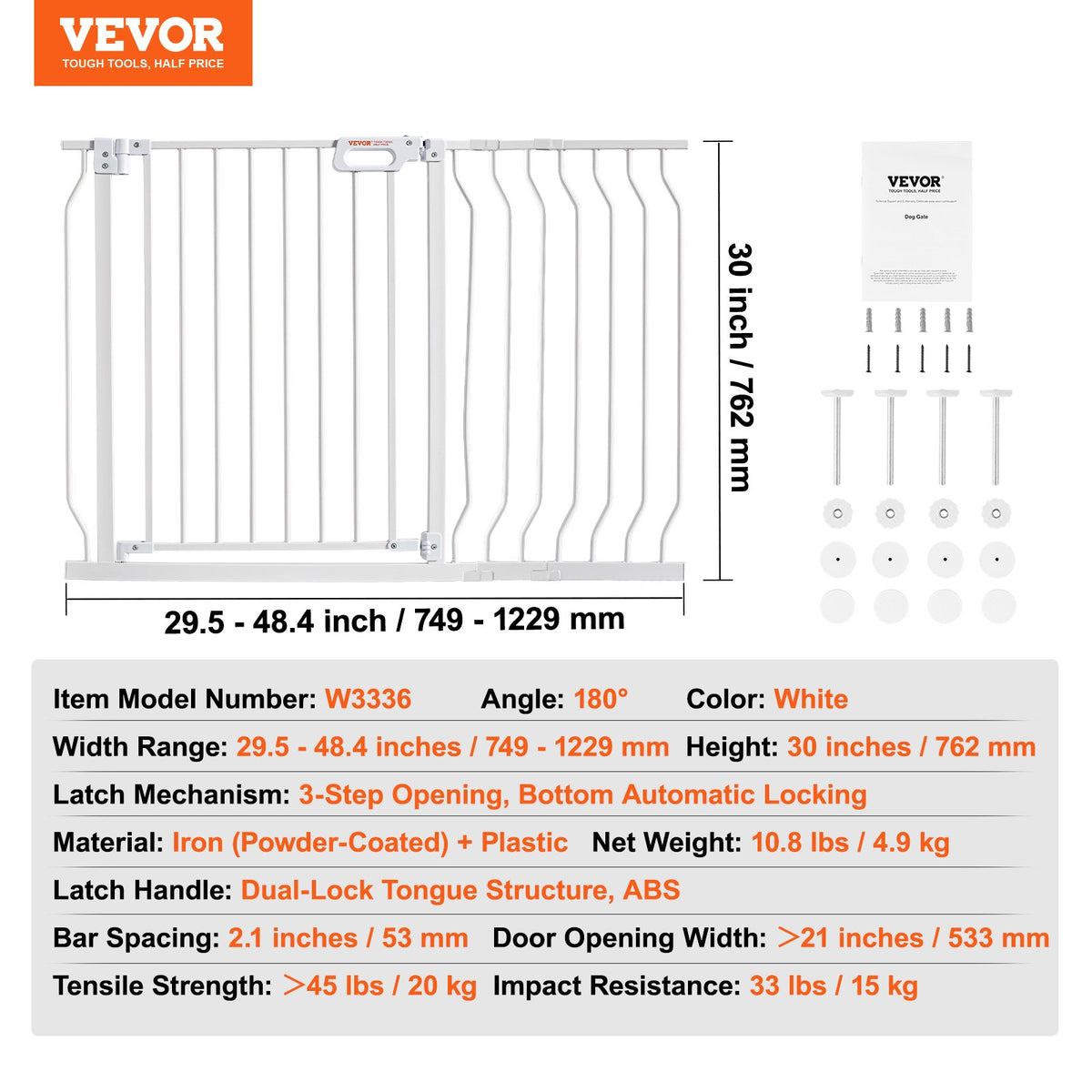 Baby Gate 749-1229mm Extra Wide 762mm High Step-Through Auto Close Wall Mount