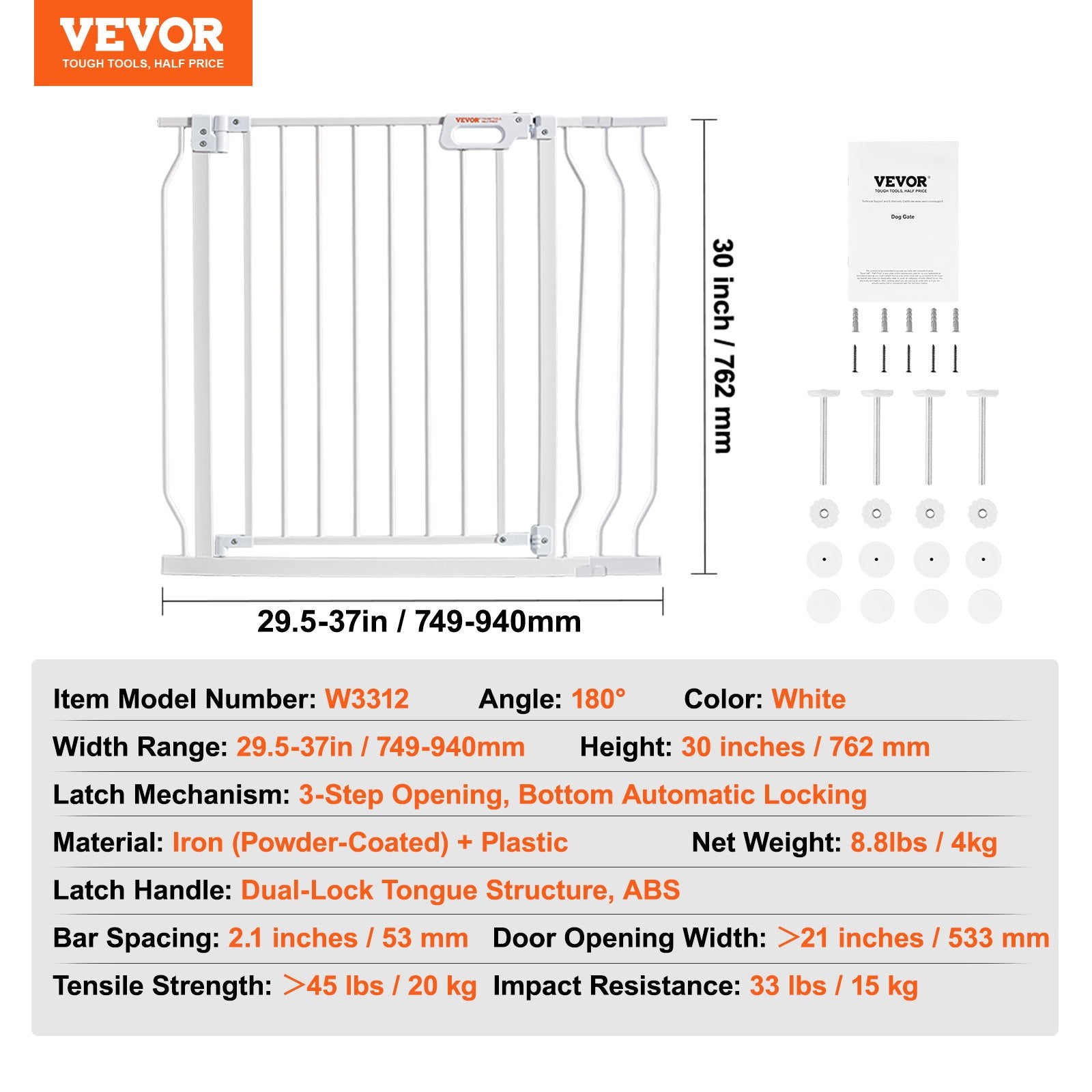 Baby Gate 749-990mm Extra Wide 762mm High Step-Through Auto Close Pressure Mount