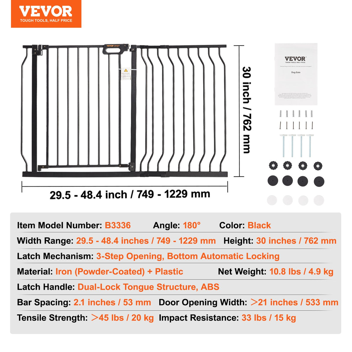 Baby Gate 749-1229mm Extra Wide 762mm High Step-Through Auto Close Black Wall Mt