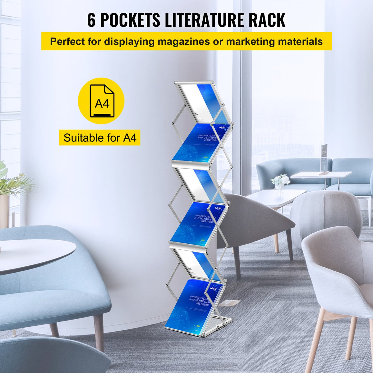 Foldable Magazine Display Rack 6-Pocket Double-Sided Brochure Stand with Bag