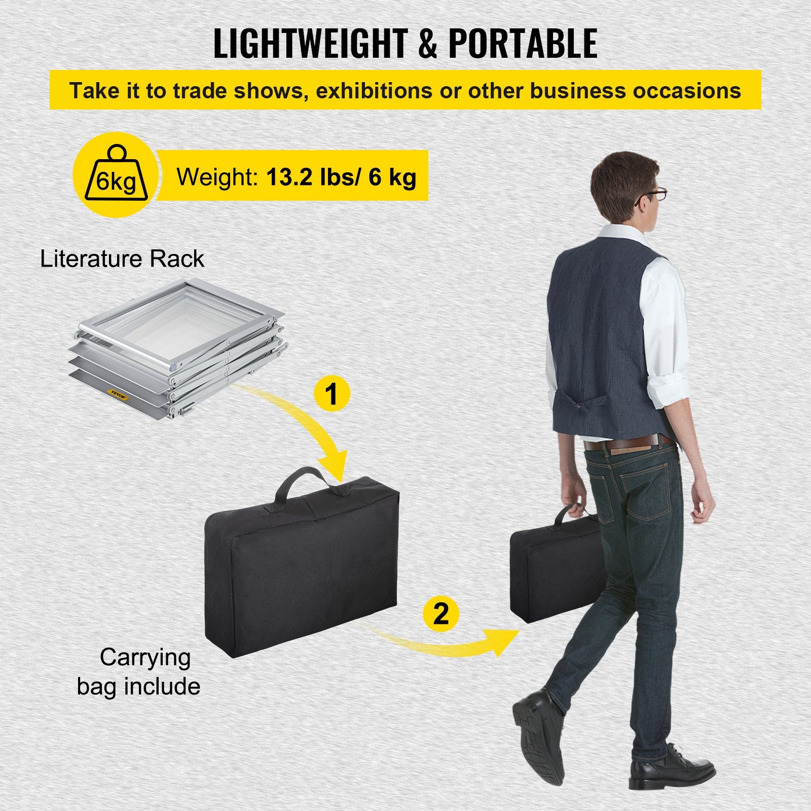 Foldable Magazine Display Rack 6-Pocket Double-Sided Brochure Stand with Bag