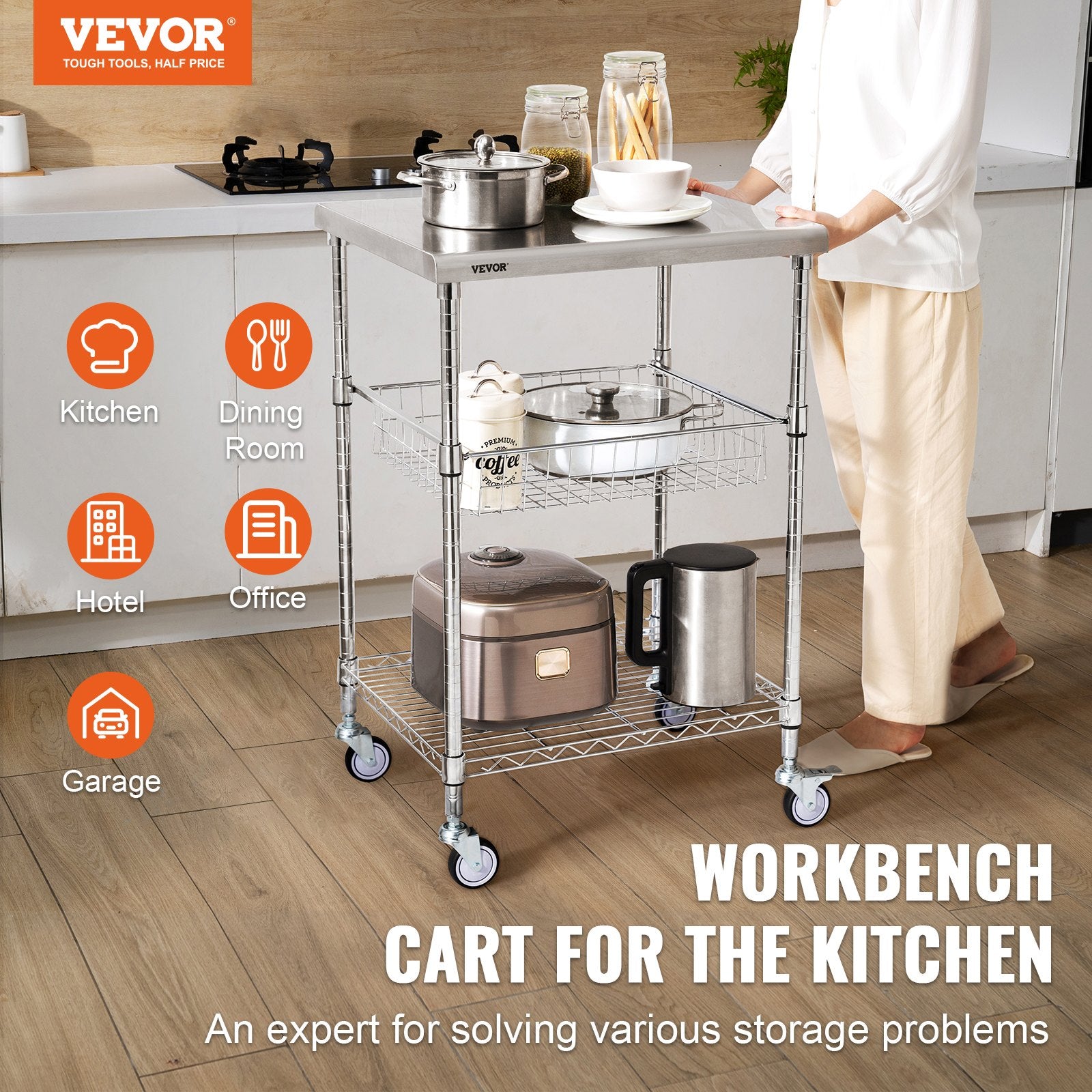 Kitchen Utility Cart 3-Tier Wire Rolling Steel Cart 213kg Capacity with 6 Hooks