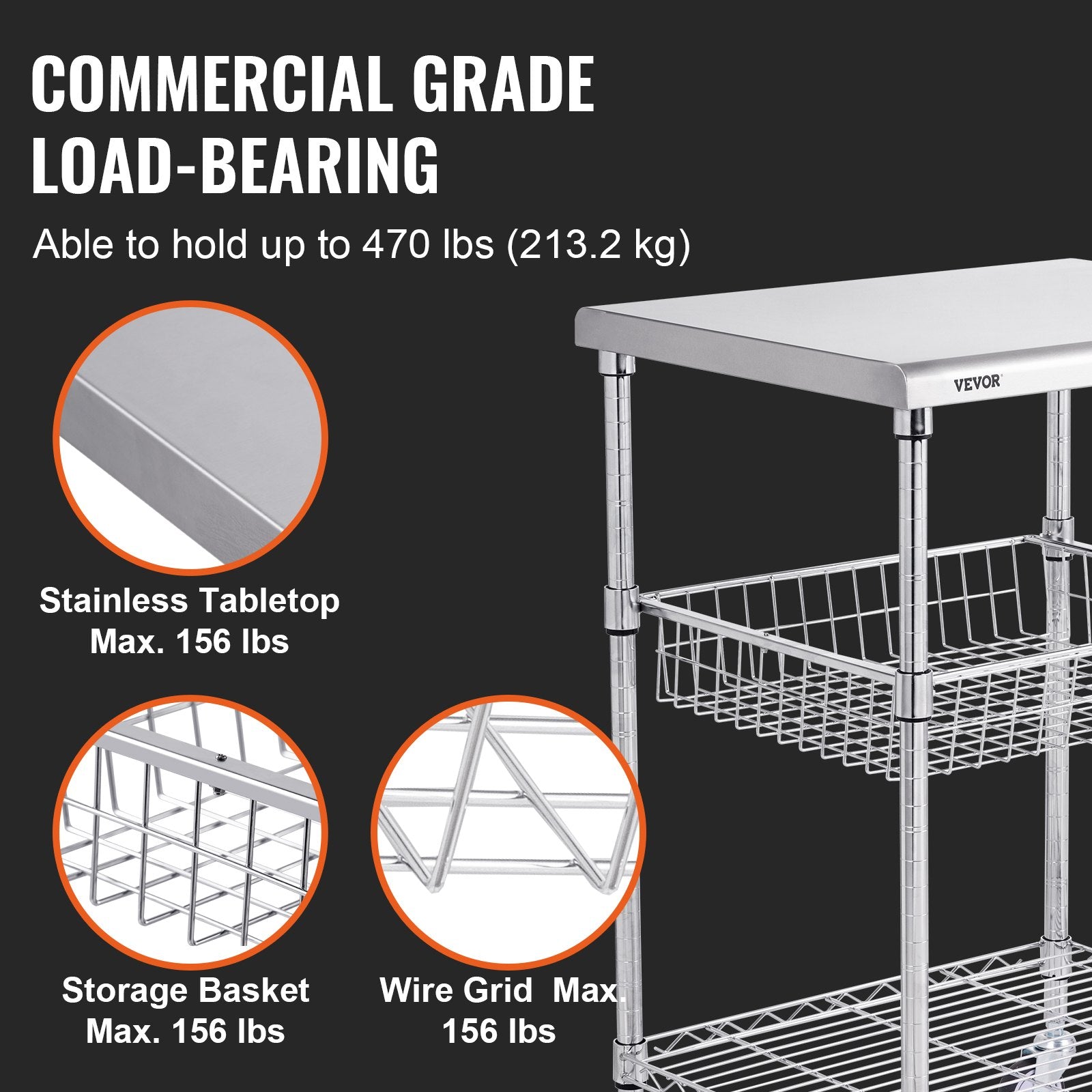 Kitchen Utility Cart 3-Tier Wire Rolling Steel Cart 213kg Capacity with 6 Hooks