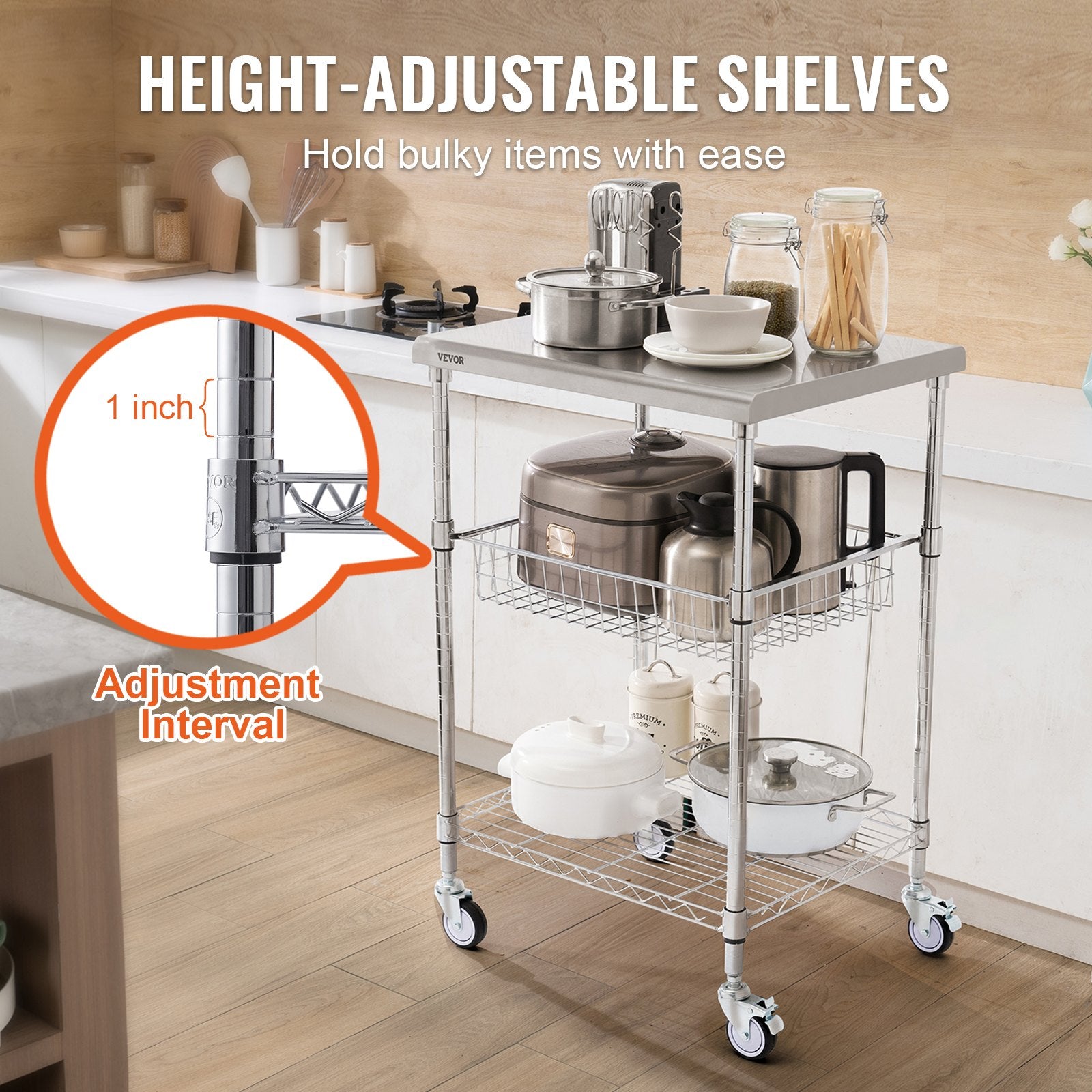 Kitchen Utility Cart 3-Tier Wire Rolling Steel Cart 213kg Capacity with 6 Hooks