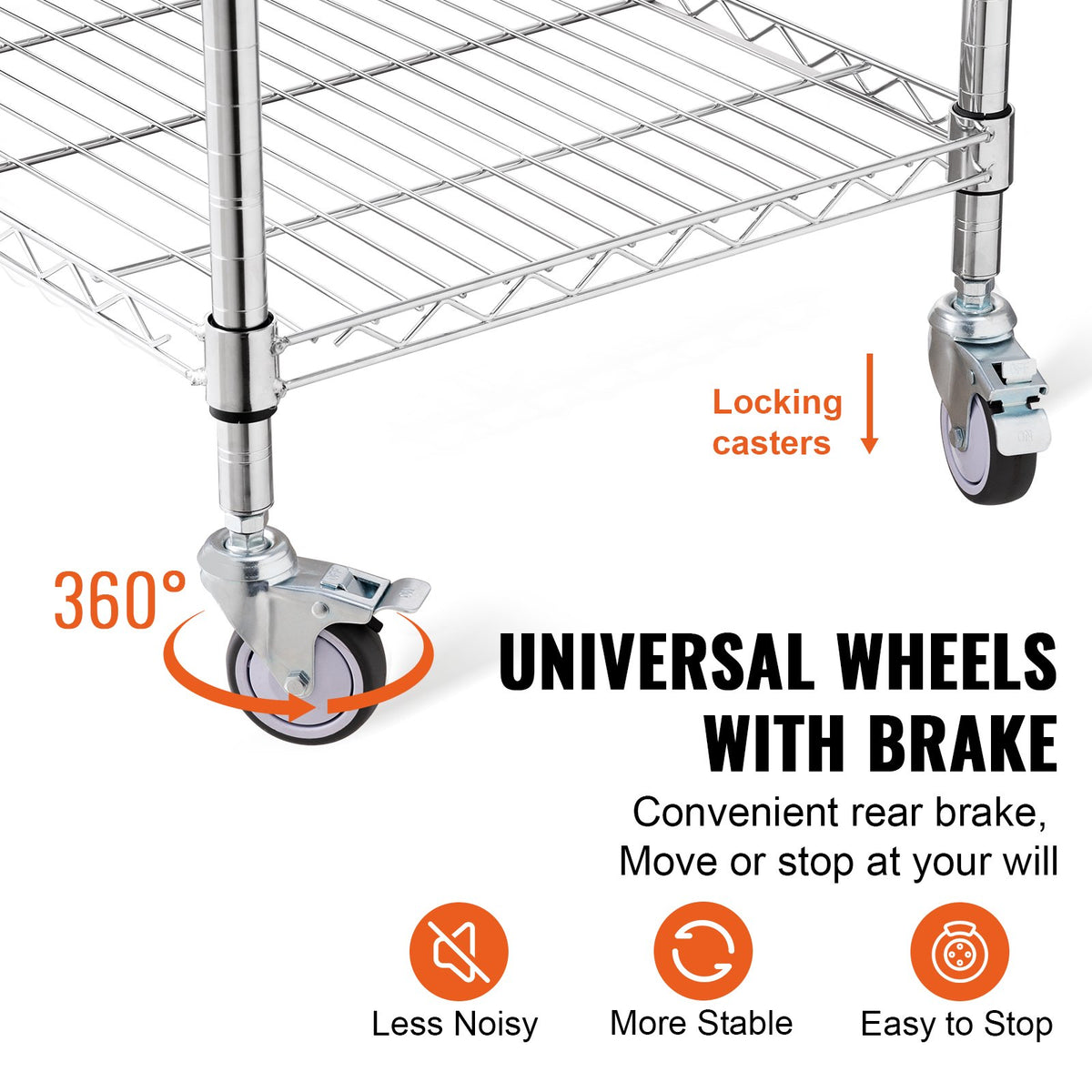 Kitchen Utility Cart 3-Tier Wire Rolling Steel Cart 213kg Capacity with 6 Hooks
