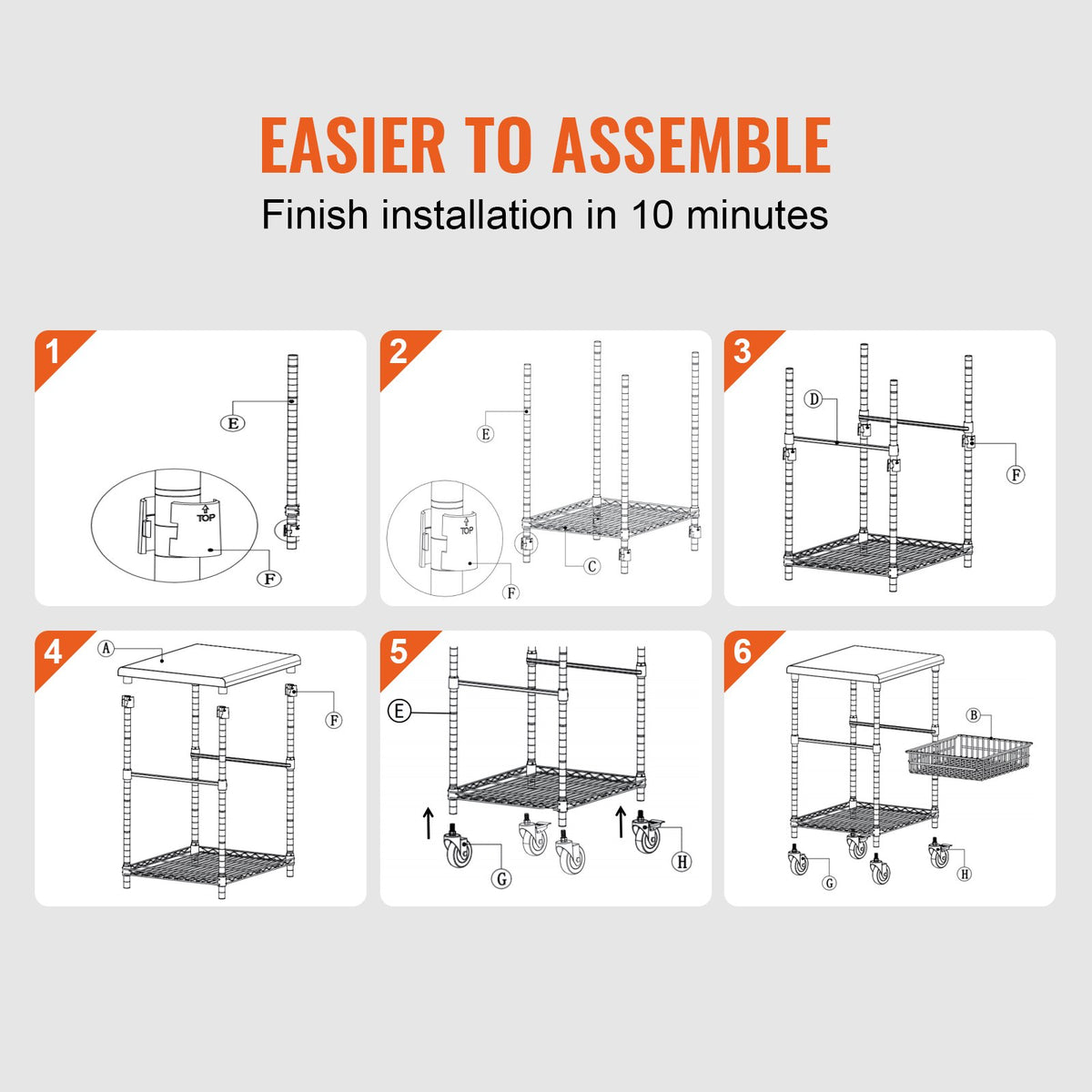 Kitchen Utility Cart 3-Tier Wire Rolling Steel Cart 213kg Capacity with 6 Hooks