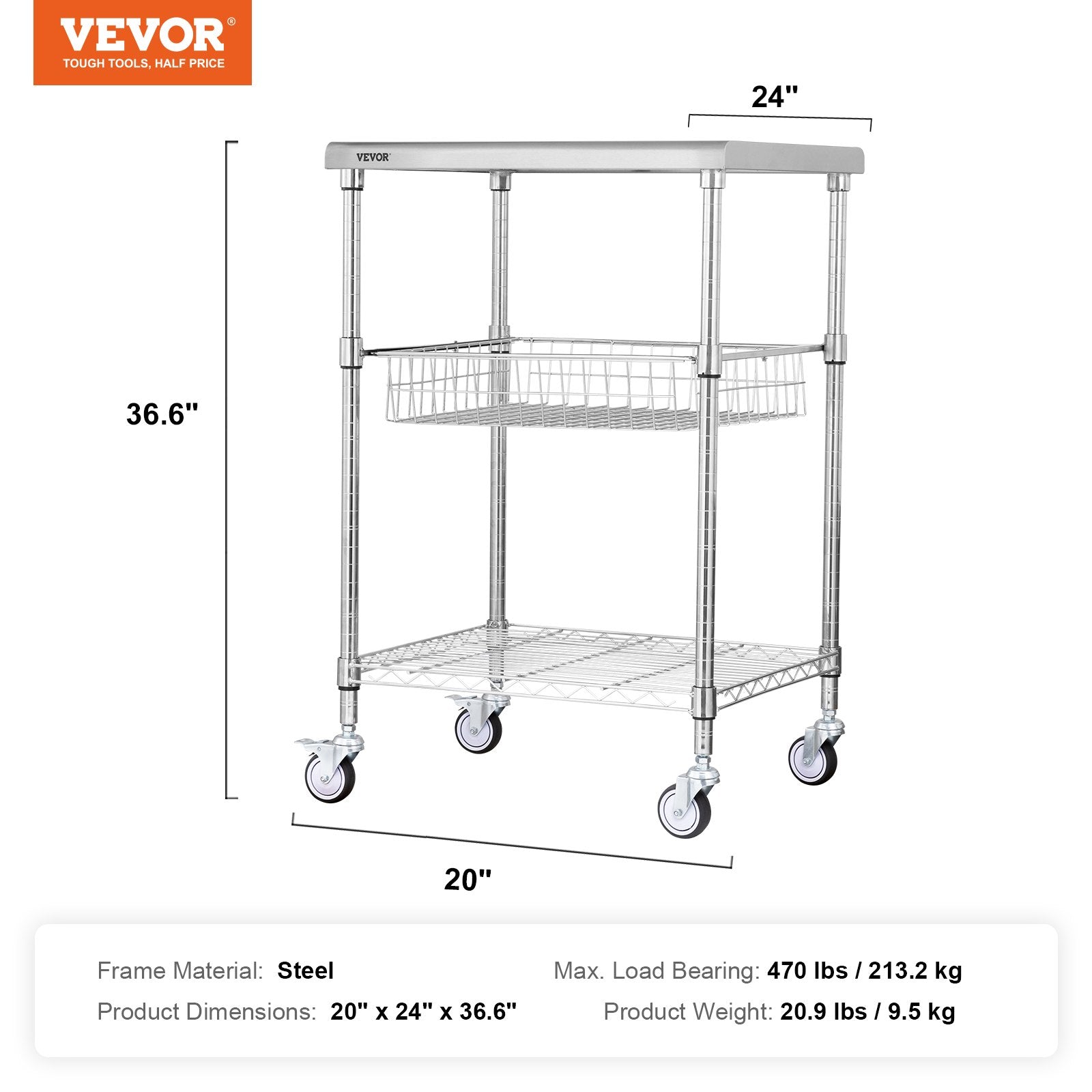 Kitchen Utility Cart 3-Tier Wire Rolling Steel Cart 213kg Capacity with 6 Hooks