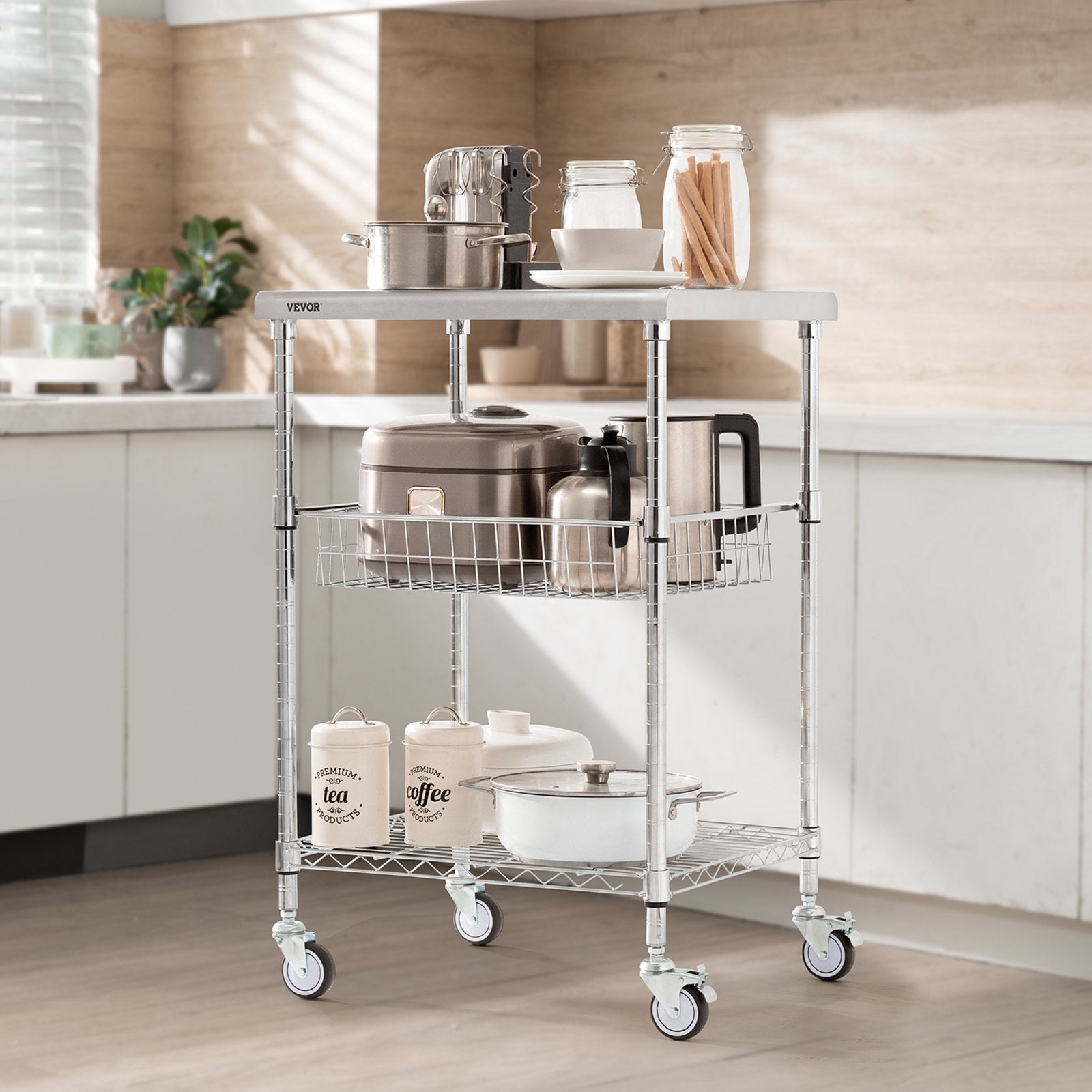 Kitchen Utility Cart 3-Tier Wire Rolling Steel Cart 213kg Capacity with 6 Hooks