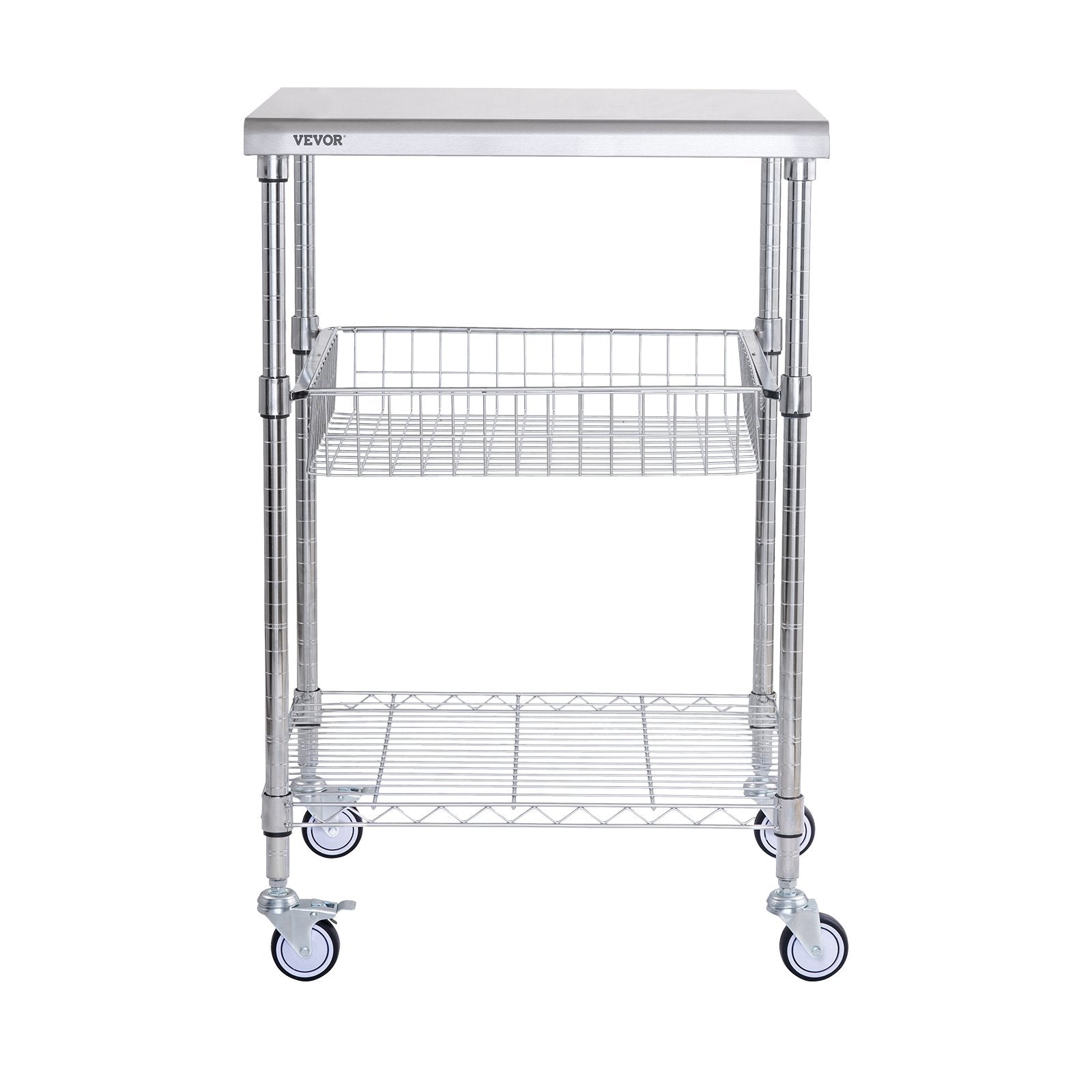 Kitchen Utility Cart 3-Tier Wire Rolling Steel Cart 213kg Capacity with 6 Hooks