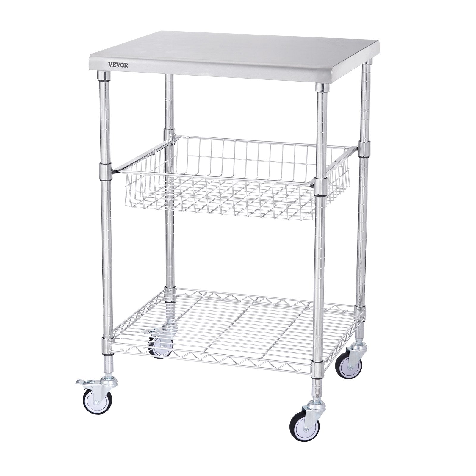 Kitchen Utility Cart 3-Tier Wire Rolling Steel Cart 213kg Capacity with 6 Hooks